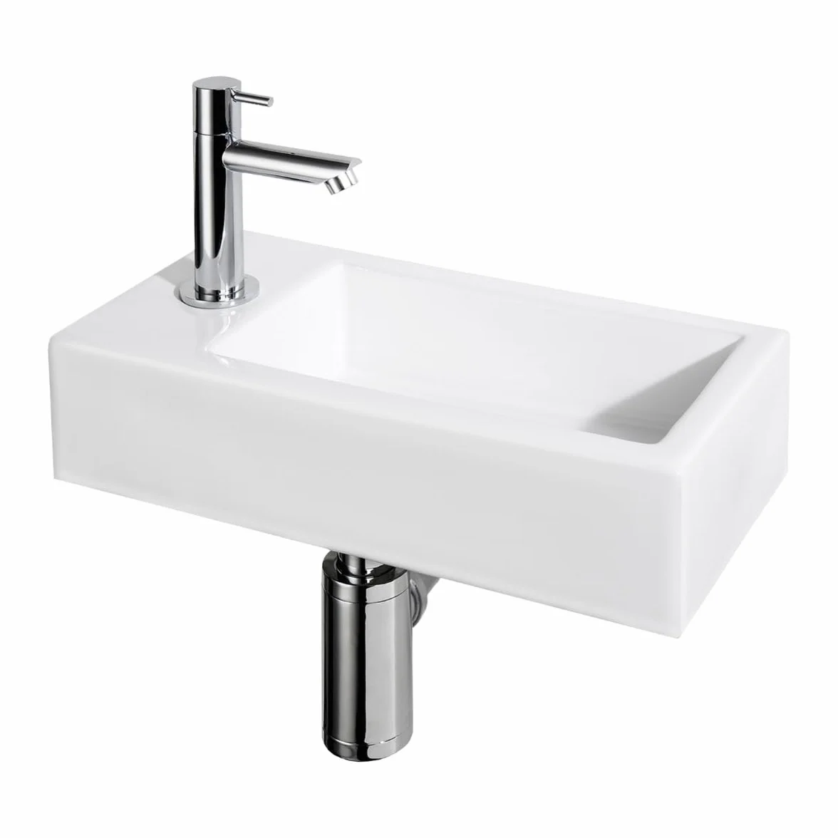 Differnz Helios Vasque – Lavabo en Céramique 37,5x18,5x9,5 cm – Ensemble Lavabo WC avec Robinet Gauche Chrome – Vasque à Poser avec Mitigeur Droit et Poignée Standard – Pour Salle de Bain ou Toilettes