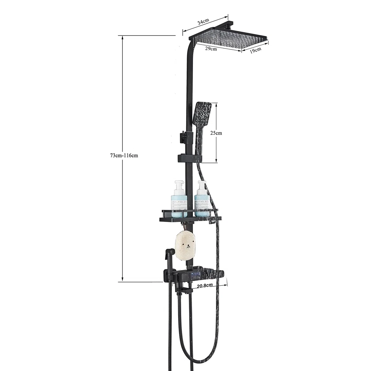Thermostatique Noir Colonne de Douche avec Mitigeur 38°C Ensemble de Douche avec 4 Fonctions Hauteur Réglable Système de Douche à Tête Carrée avec Douchette à Main pour Salle de Bain
