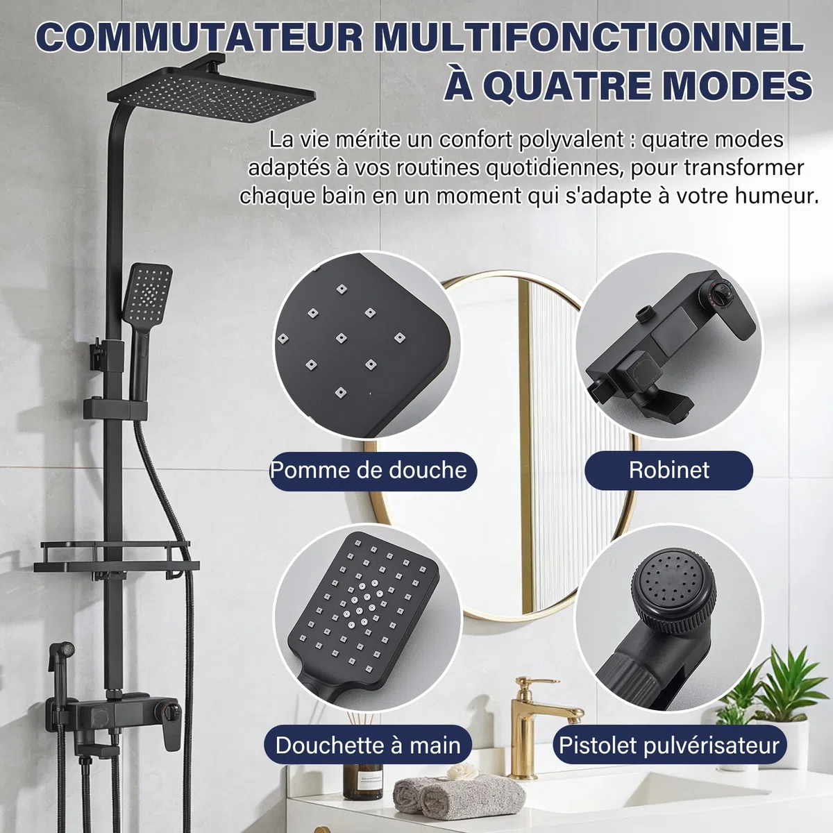 Thermostatique Noir Colonne de Douche avec Mitigeur 38°C Ensemble de Douche avec 4 Fonctions Hauteur Réglable Système de Douche à Tête Carrée avec Douchette à Main pour Salle de Bain