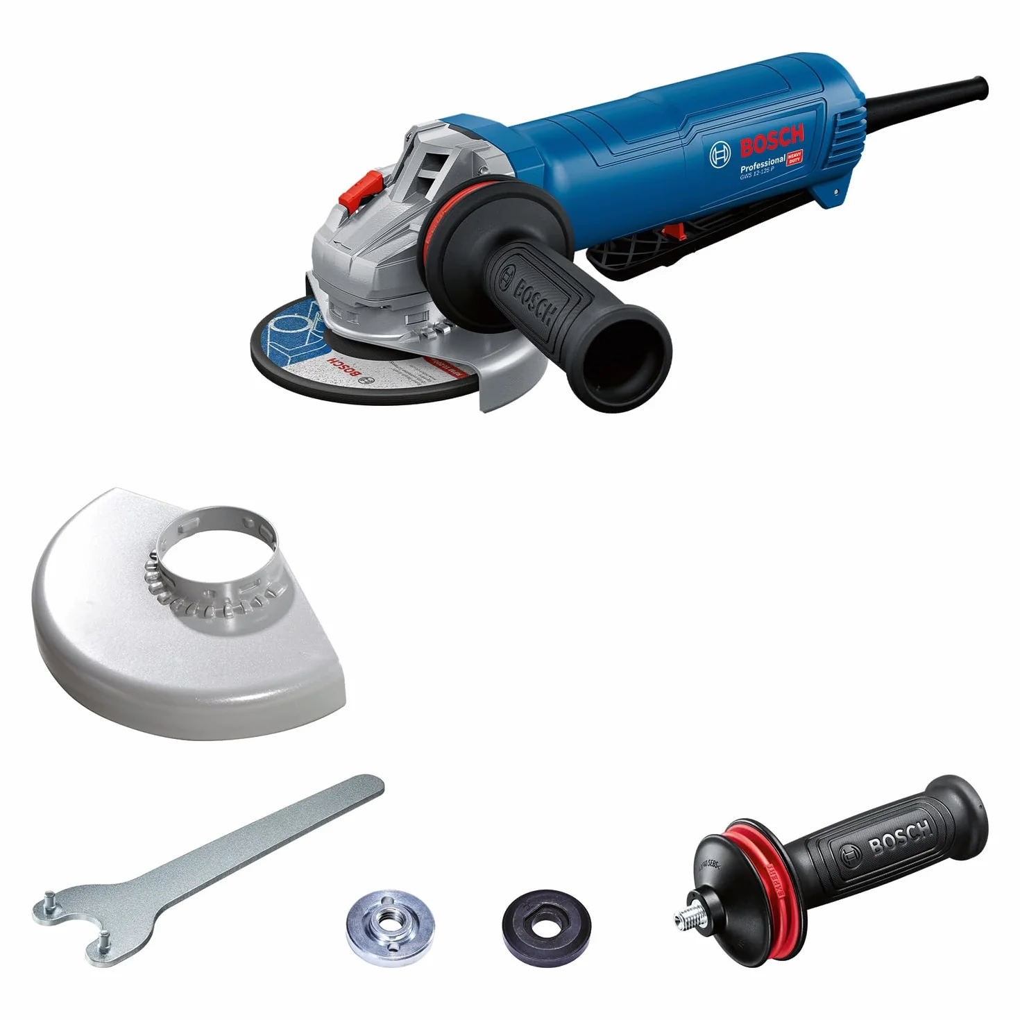Bosch Professional Meuleuse angulaire filaire GWS 12-125 P (Ø disque : 125 mm, 1 200 W, y compris poignée auxiliaire Vibration Control, capot de protection, clé à ergots)