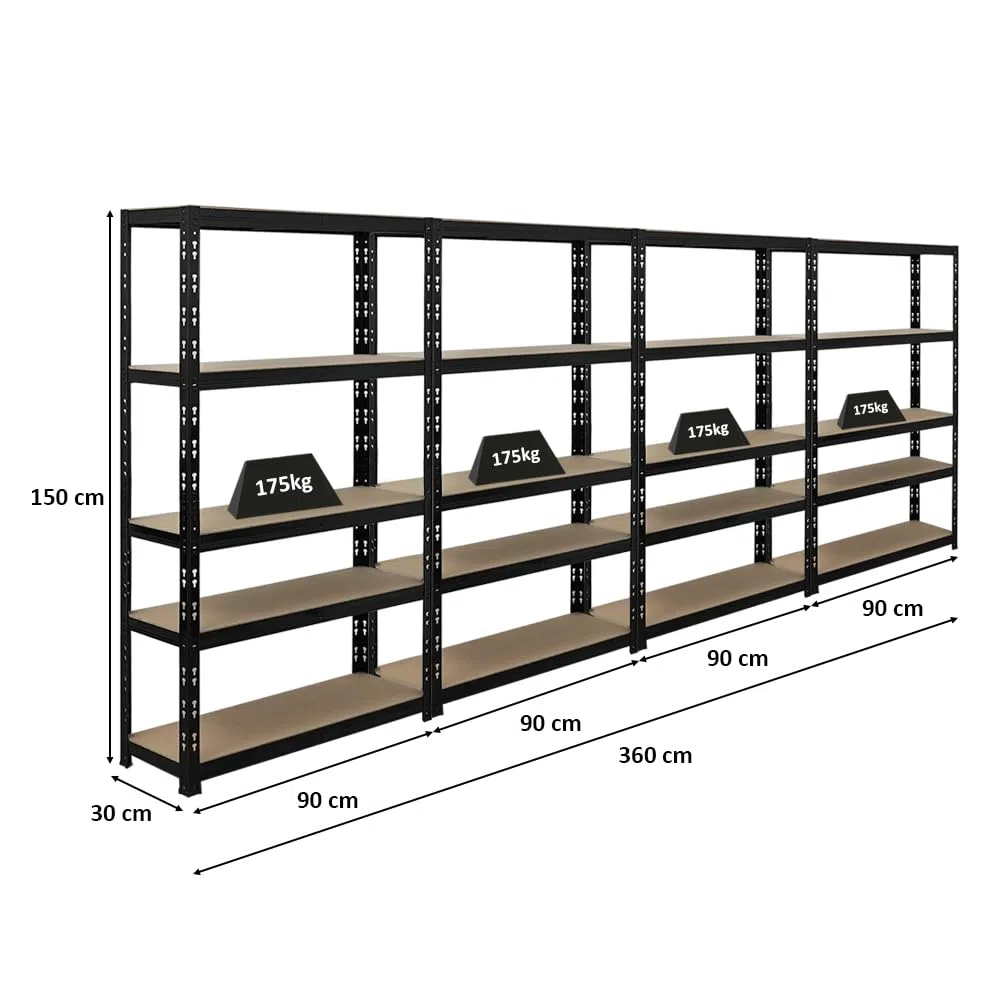PROREGAL Mega Deal | 4X Étagère pour Charges Lourdes Apollo | HxLxP 150x90x30 cm | Charge Max. 175kg | Noir