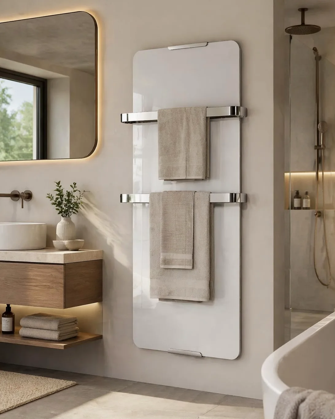 Chemin’Arte Sèche-Serviette Électrique Blanc 1200W - Radiateur Vertical - 120x6x46cm - 2 Barres Porte Serviettes - Conçu en France