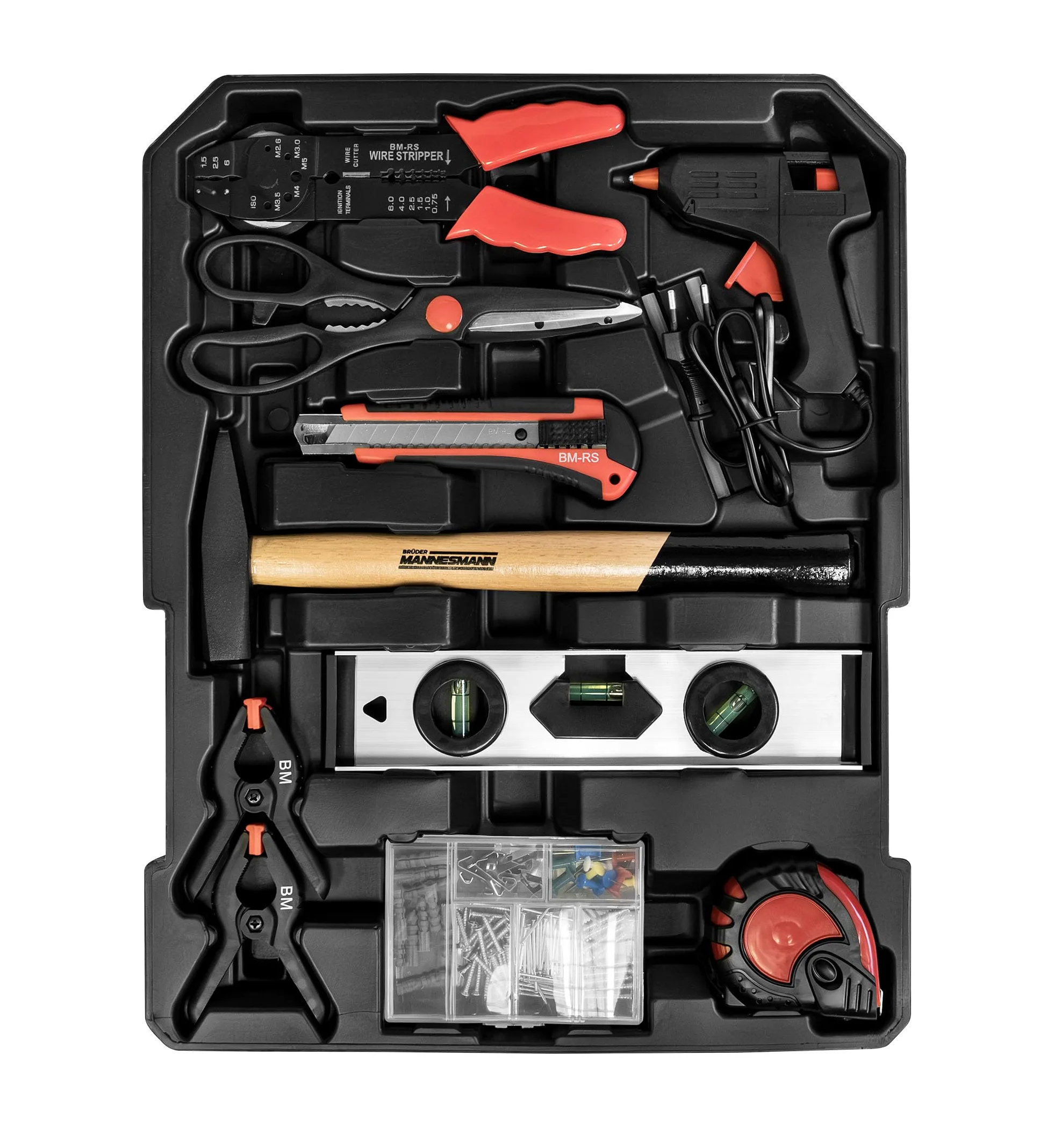 Brüder Mannesmann M29098 Mallette à outils mobile 969 pièces avec jeu de douilles, pinces, tournevis, pistolet à colle chaude, marteau, niveau à bulle et embouts