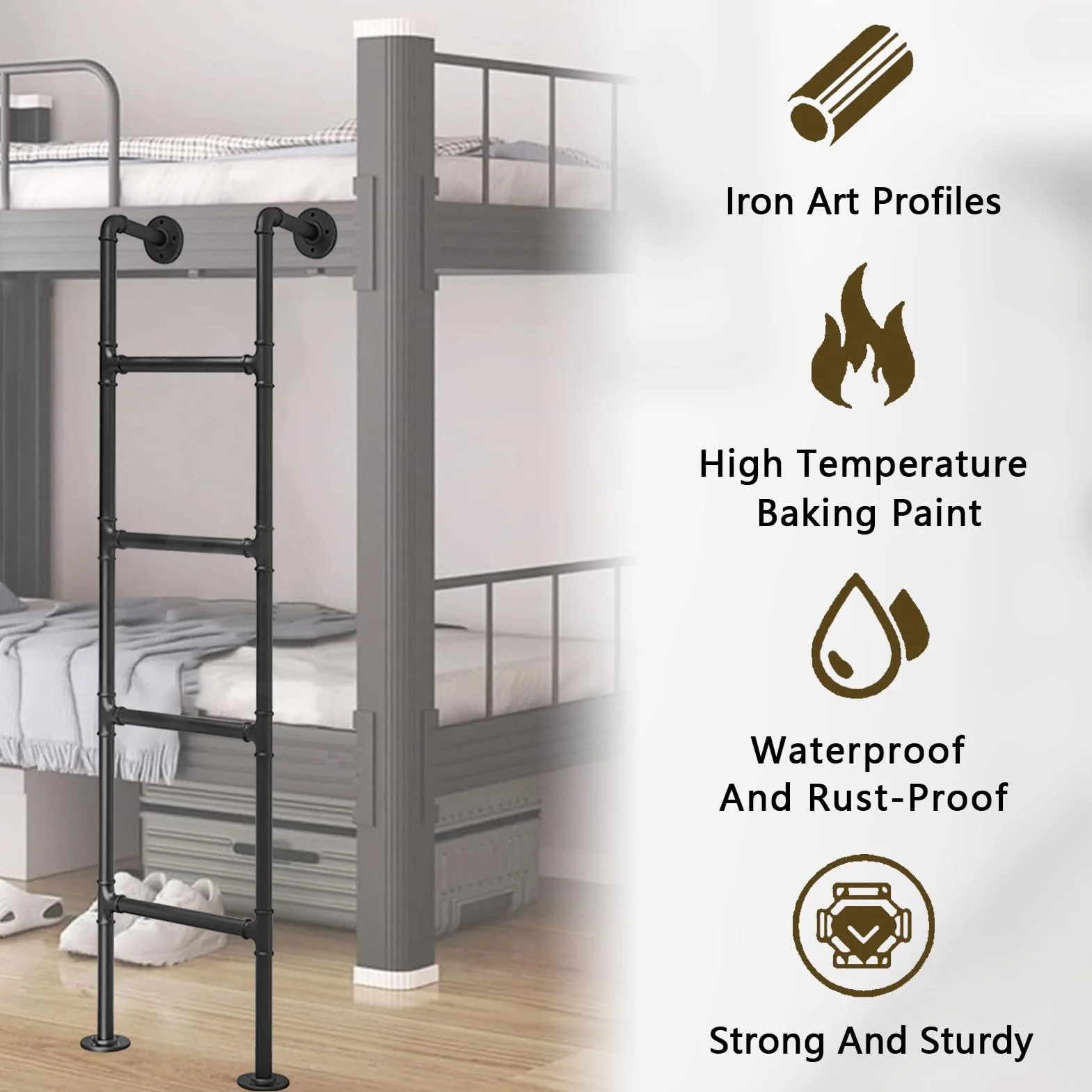 Échelle de lit superposé en métal robuste – Fixation murale industrielle en fer pour intérieur et extérieur, idéale pour camping-car, sous-sol et accès au grenier