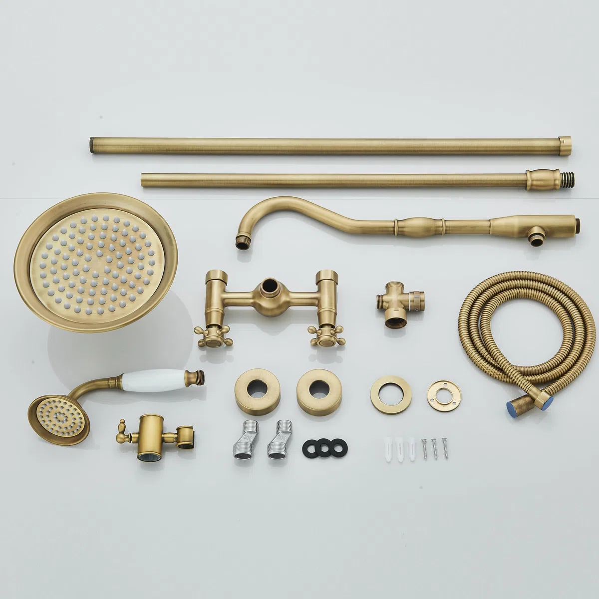 Rétro Colonne de Douche de Robinet de Douche Douche salle de bain Laiton Antique Douche Système avec 2 Sorties,Douchette de Dessus,Douchette à Main, Réglable en Hauteur(85-135 cm)