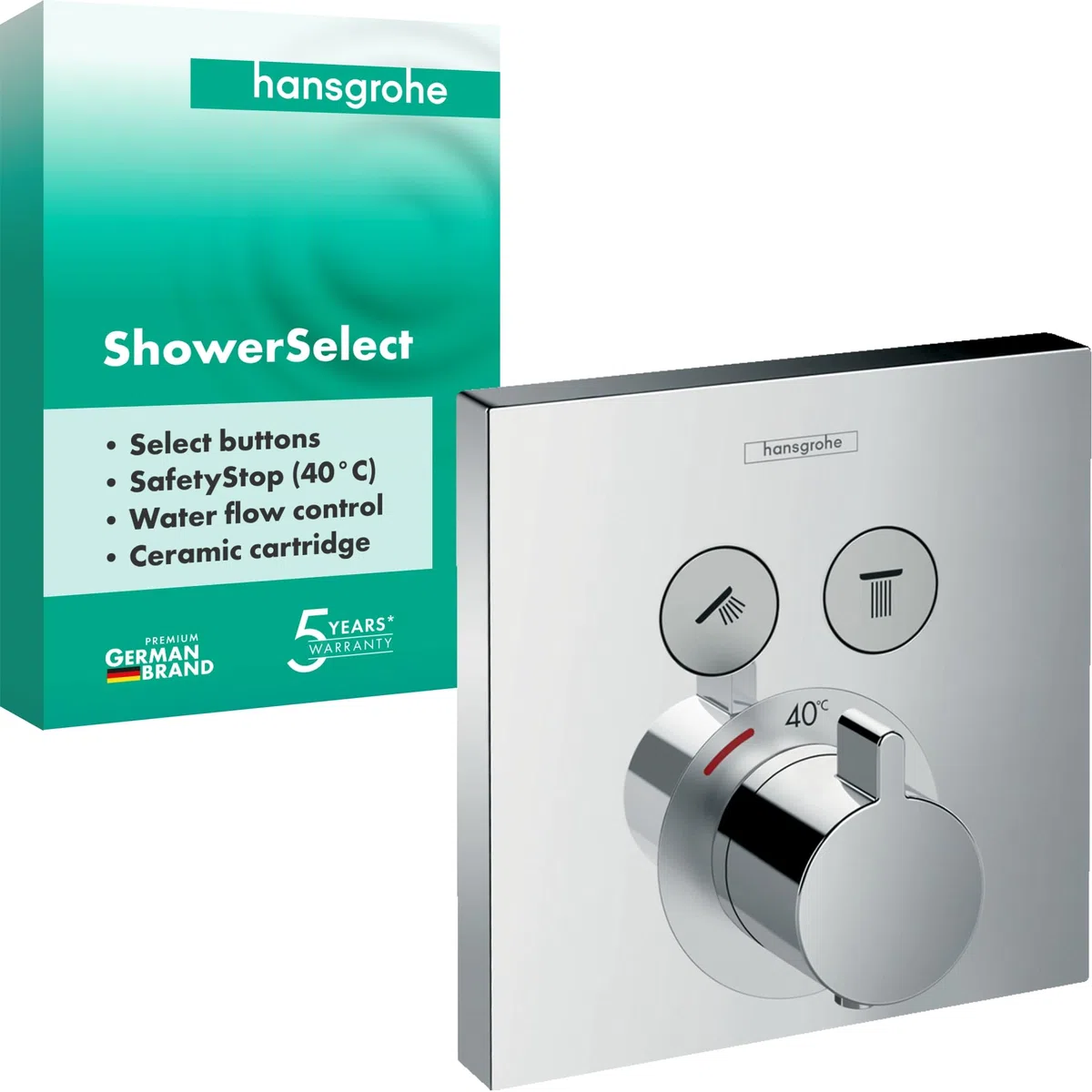 hansgrohe ShowerSelect - Mitigeur thermostatique, Robinet encastré avec arrêt de sécurité (SafetyStop) à 40°C, Thermostat carré, 2 sorties, Chromé, 15763000