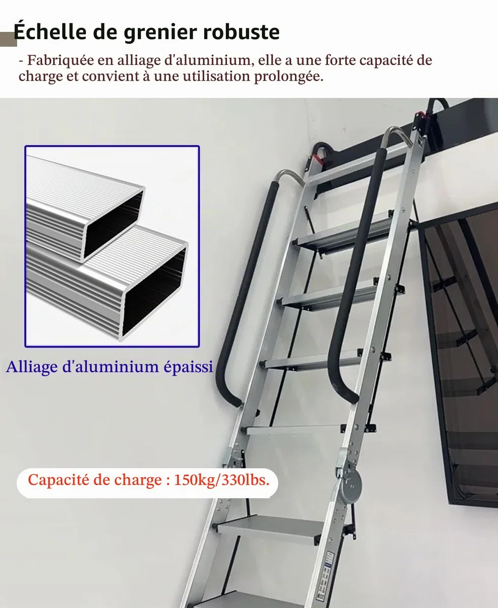 Echelle de Grenier Échelle en Métal Noir pour Grenier, Échelle de Sortie de Grenier Pliable avec Poignées et Crochets de Sécurité, Escalier de Grenier en Aluminium, Monter les Escaliers Facilement(10