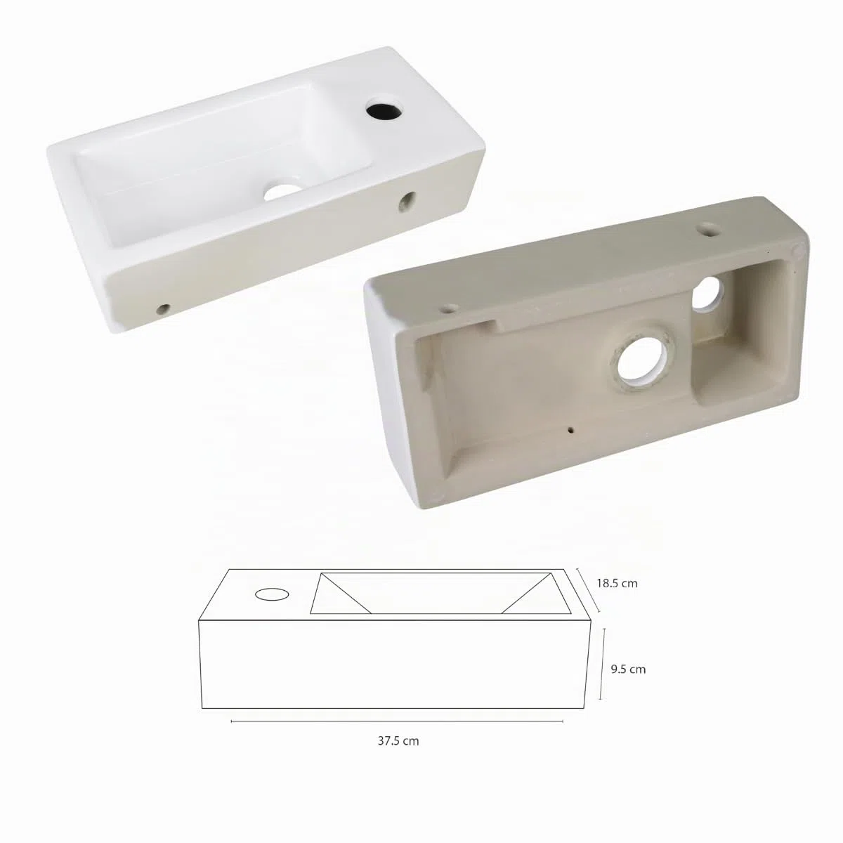 Differnz Helios Vasque – Lavabo en Céramique 37,5x18,5x9,5 cm – Ensemble Lavabo WC avec Robinet Gauche Chrome – Vasque à Poser avec Mitigeur Droit et Poignée Standard – Pour Salle de Bain ou Toilettes