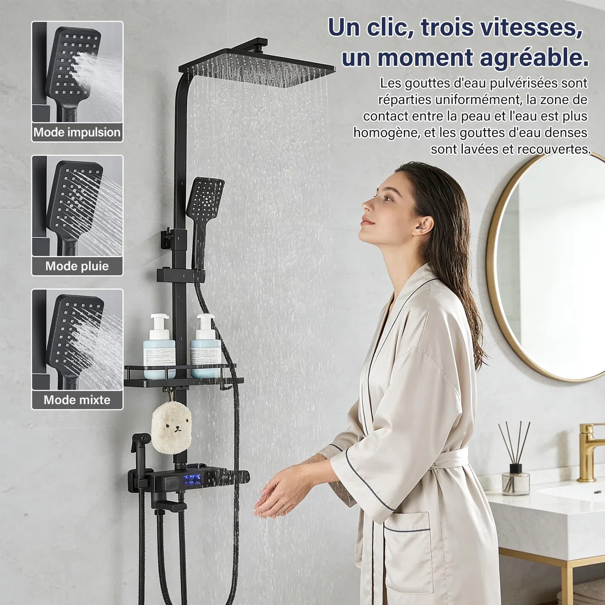 Thermostatique Noir Colonne de Douche avec Mitigeur 38°C Ensemble de Douche avec 4 Fonctions Hauteur Réglable Système de Douche à Tête Carrée avec Douchette à Main pour Salle de Bain