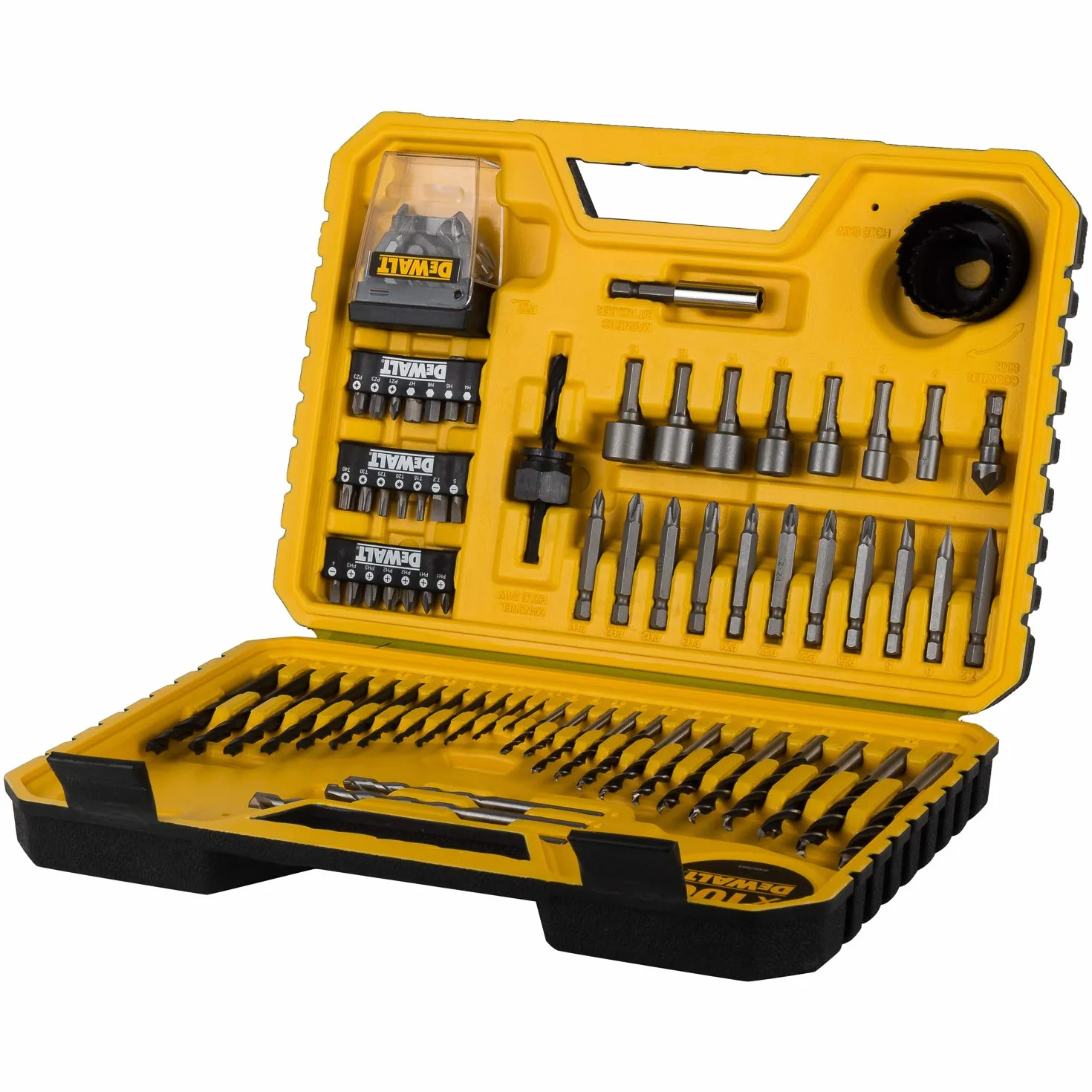 DEWALT - Meuleuse Brushless XR 18V 5Ah Li-Ion - DCG406NT-XJ - Meuleuse sans Fil avec Interrupteur à Palette - Lame Ø125mm - 1000W & Coffret de 100 Pièces de Perçage et Vissage Haute Performance
