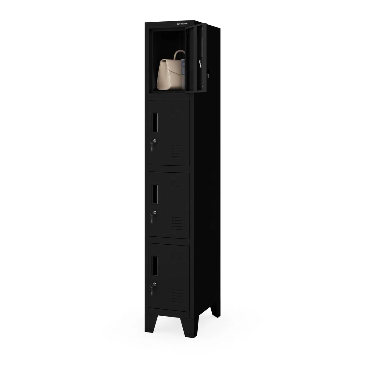 Jan Nowak Armoire Vestiaire Métallique 4 Casiers Verrouillables | Vestiaire professionnel en acier 0,6 mm, 4 casiers ventilés et verrouillables, fixation murale, rangement sécurisé.