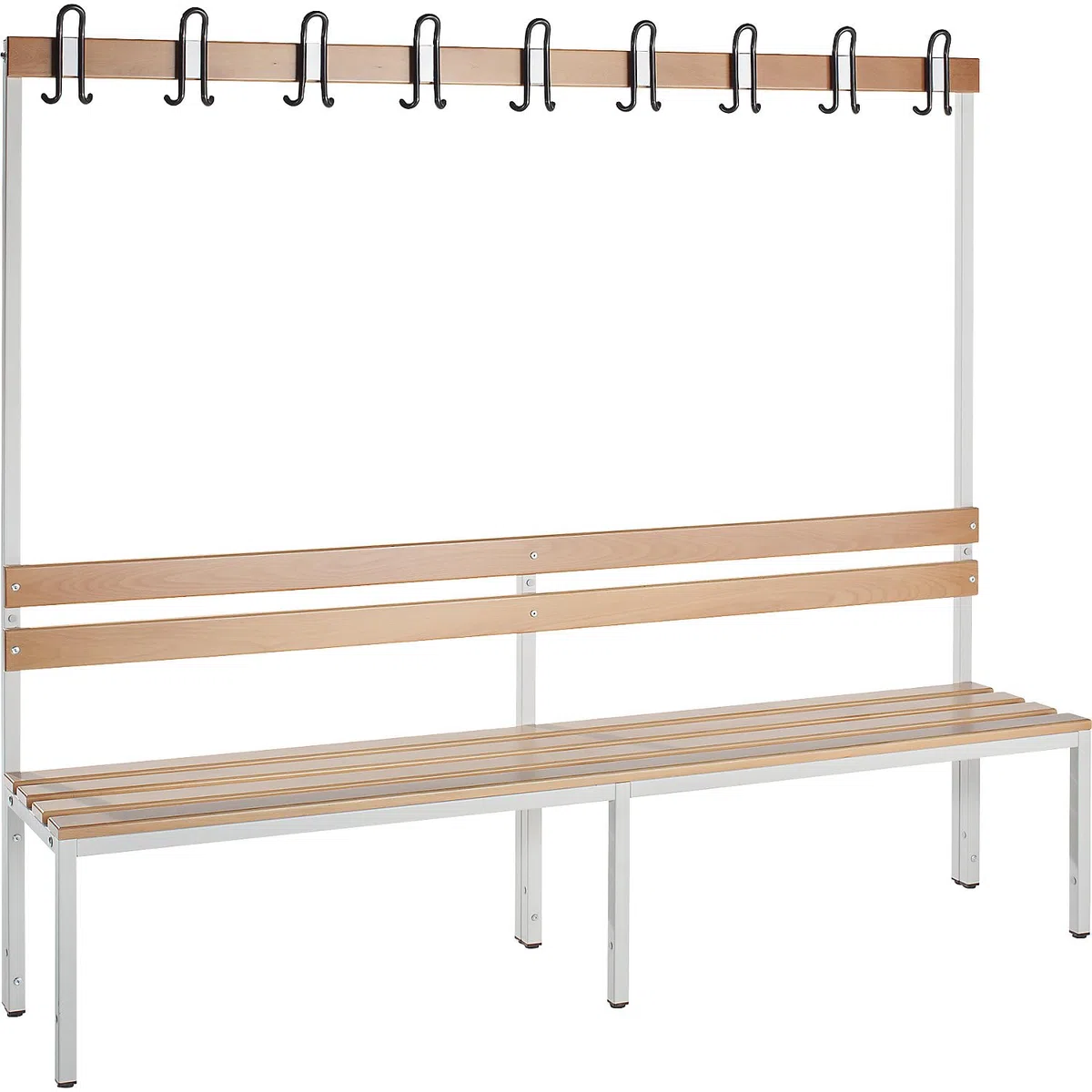 EUROKRAFT Basic | Banc de vestiaire avec Dossier | Unilatéral, lattes en bois de hêtre, longueur 2000 mm