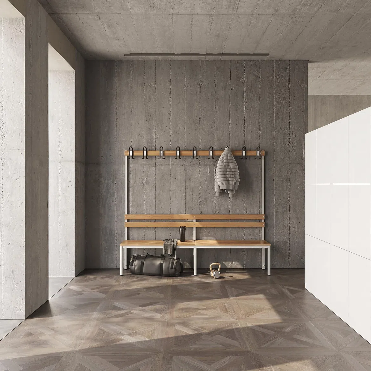 EUROKRAFT Basic | Banc de vestiaire avec Dossier | Unilatéral, lattes en bois de hêtre, longueur 2000 mm