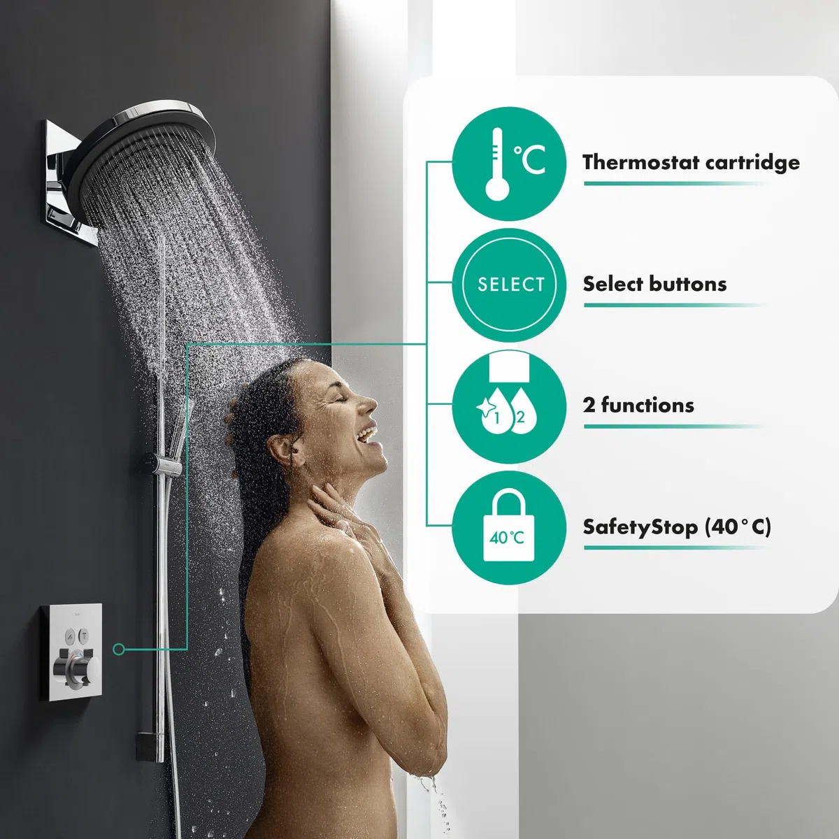 hansgrohe ShowerSelect - Mitigeur thermostatique, Robinet encastré avec arrêt de sécurité (SafetyStop) à 40°C, Thermostat carré, 2 sorties, Chromé, 15763000