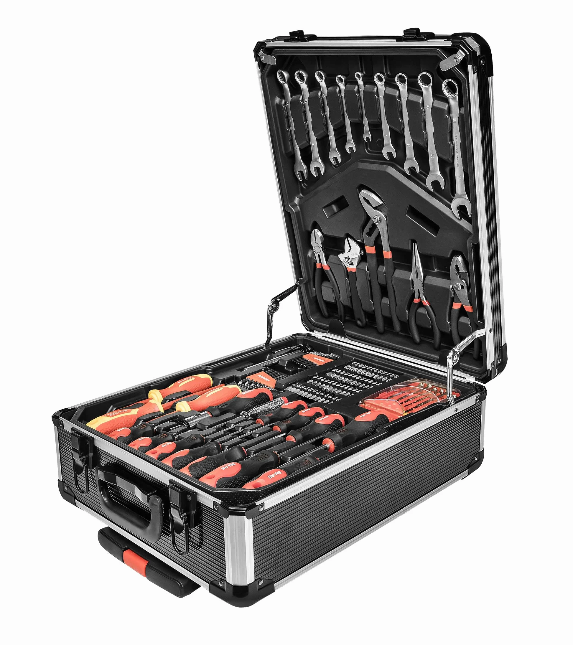 Brüder Mannesmann M29098 Mallette à outils mobile 969 pièces avec jeu de douilles, pinces, tournevis, pistolet à colle chaude, marteau, niveau à bulle et embouts