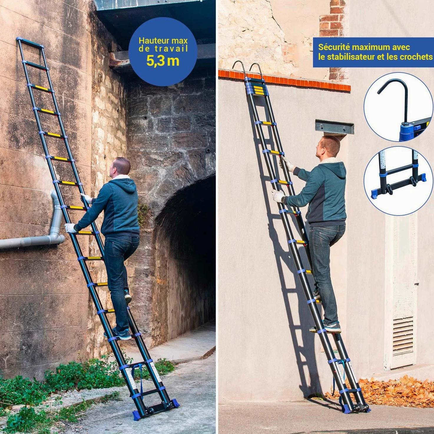 HOSTRÖM Echelle telescopique 4,4m, Aluminium, Pliable, Extensible, Multi-Fonction, H Travail Max 5,3m, Crochets Amovibles, Garantie 5ans