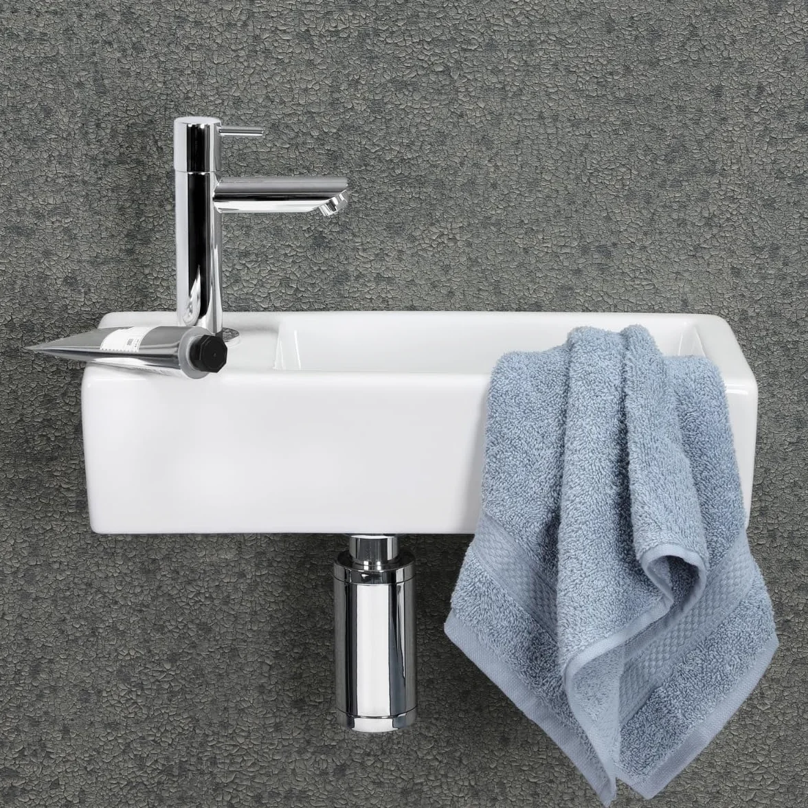 Differnz Helios Vasque – Lavabo en Céramique 37,5x18,5x9,5 cm – Ensemble Lavabo WC avec Robinet Gauche Chrome – Vasque à Poser avec Mitigeur Droit et Poignée Standard – Pour Salle de Bain ou Toilettes