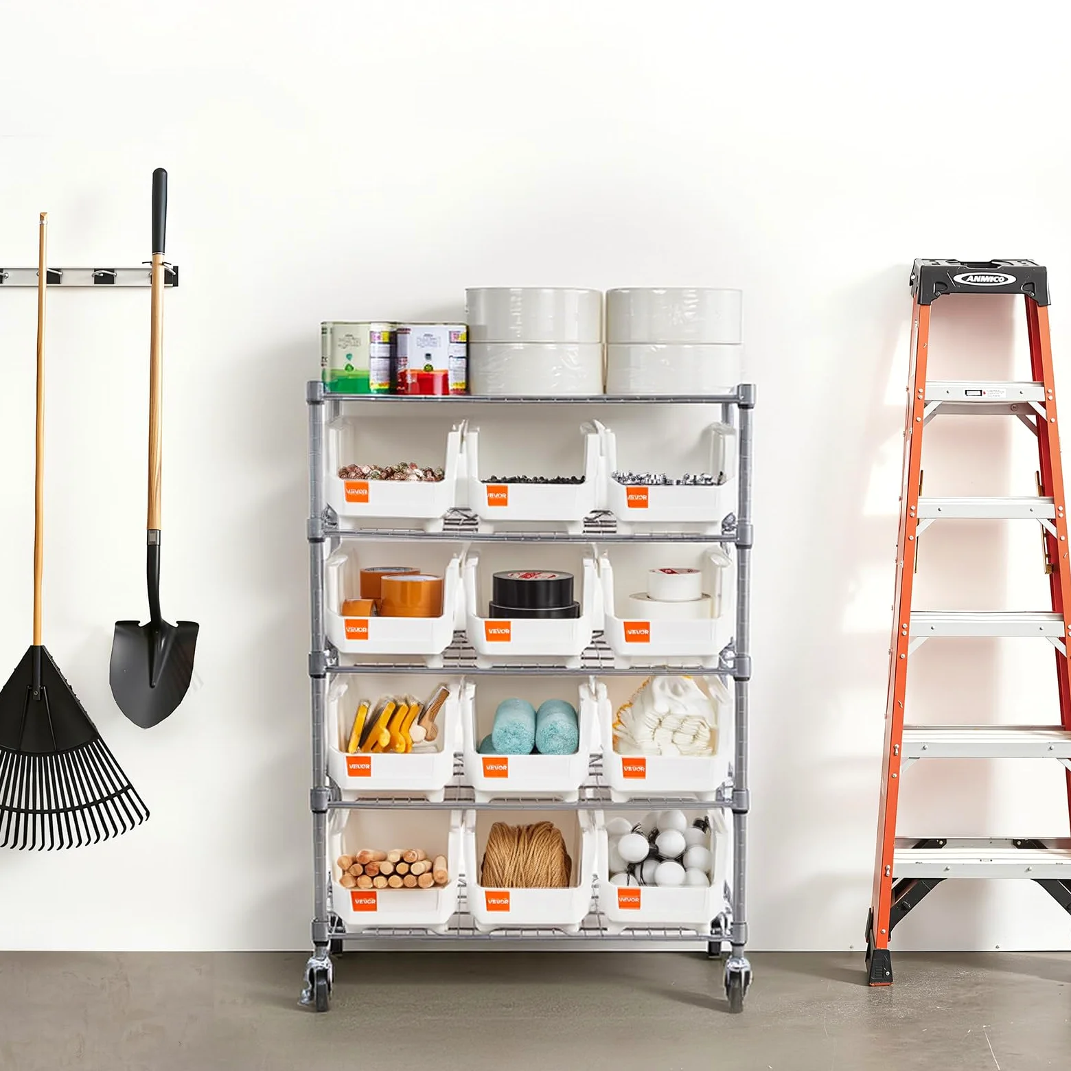 VEVOR Étagère de Rangement Mobile 5 Niveaux Rayonnage sur roulettes 12 Bacs pour Garage, Entrepôt, Bureau, Restaurant, Salle de Classe, Cuisine, en Fil d'acier, avec roulettes Pivotantes et 2 Freins