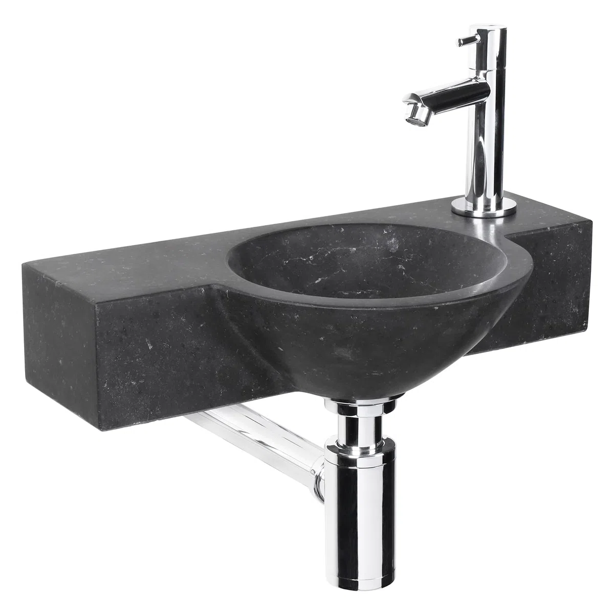 Differnz Teti Lavabo - Lave main Pierre Naturelle Noire - Robinet Droit Chrome - Ensemble Complet - 40 x 23 x 8 cm