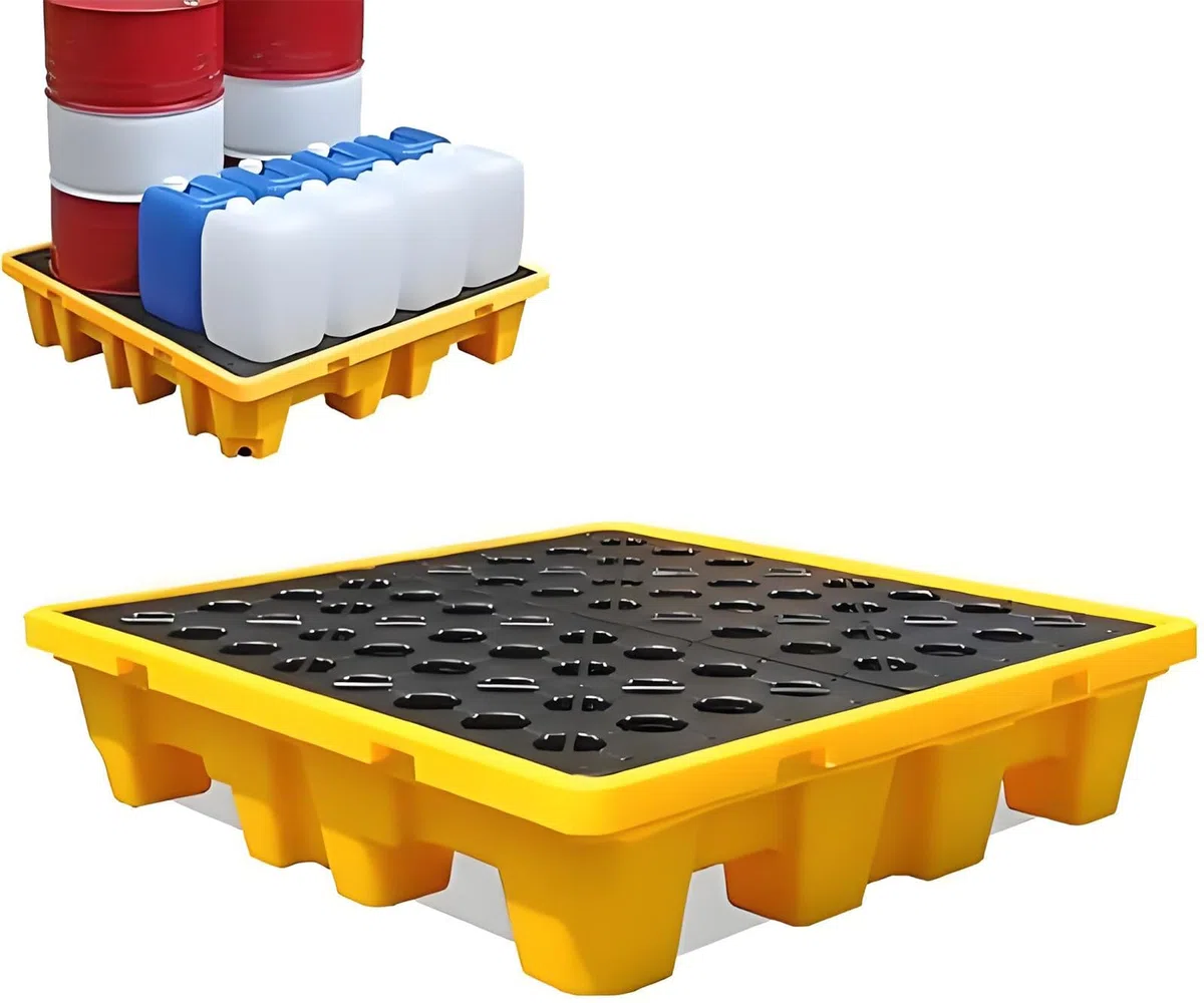 Plateforme de rétention modulaire industrielle avec grille et évacuation - Empilable 67x67x15cm pour garage, cuisine, sous-sol, stockage industriel - Plateau anti-fuite pour fûts et sous-sol