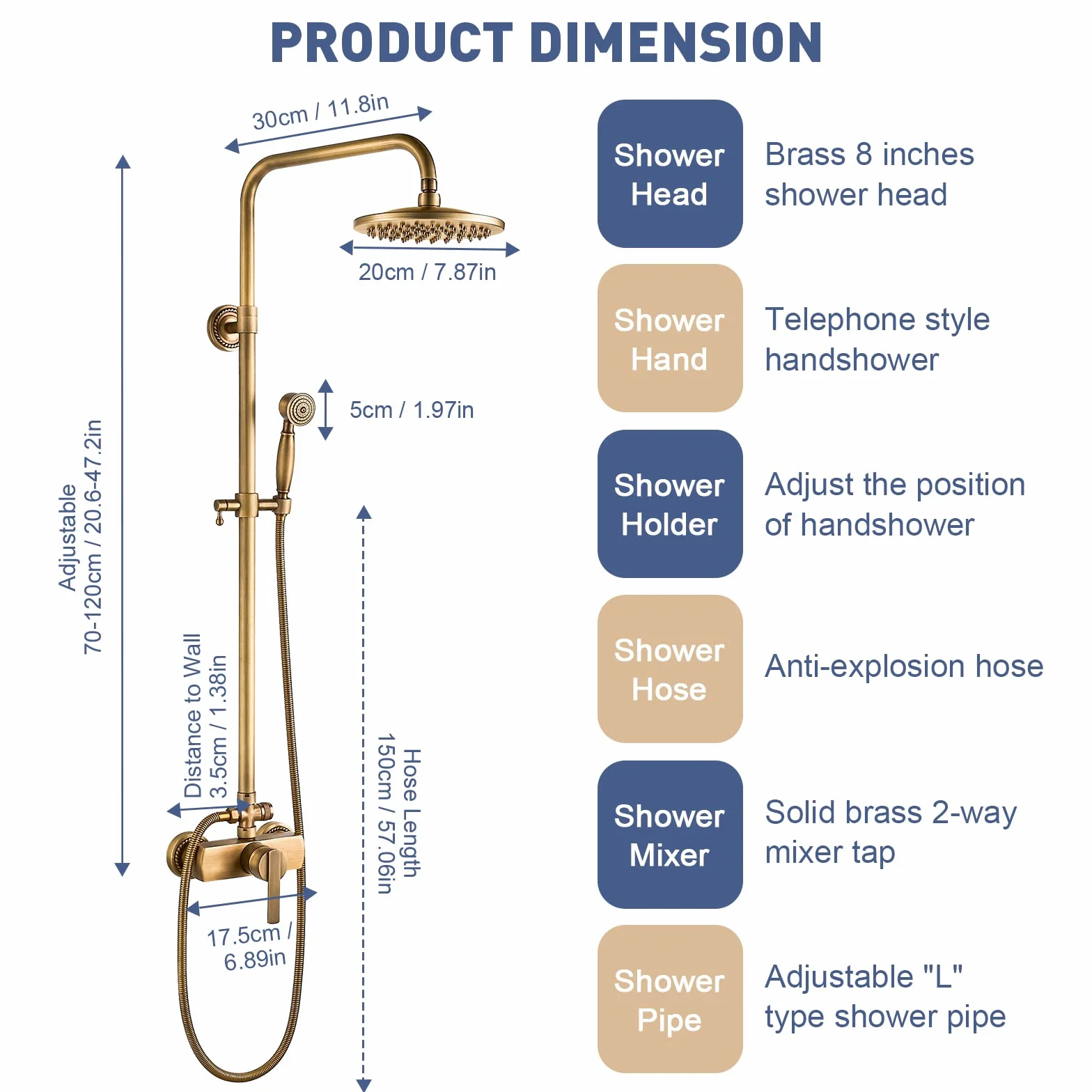 Colonne de Douche Rétro avec Mitigeur Ensemble de Douche Laiton Antique Système de Douche Mural Mitigeur de Douche Set Réglable Hauteur 70 à 120 cm, avec Douchette et Pommeau de Douche 8''