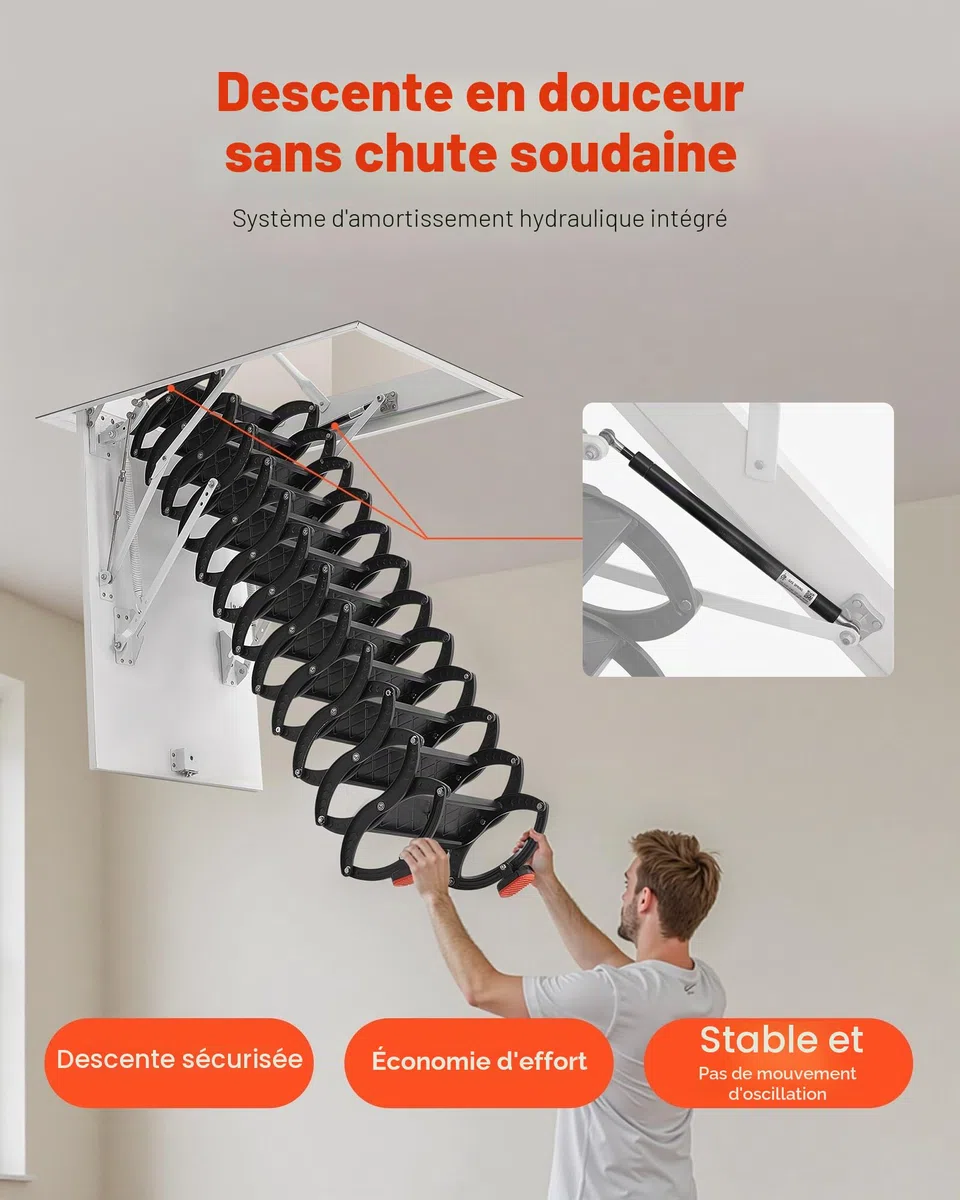 VEVOR Échelle de Grenier, Charge 299,4 kg, Escalier de Grenier Escamotable, Hauteur Installation 3,2-3,35 m, Ouverture 1000,76x698,5 mm, Tige de Traction, Échelle Rétractable Acier pour Accès Greniers