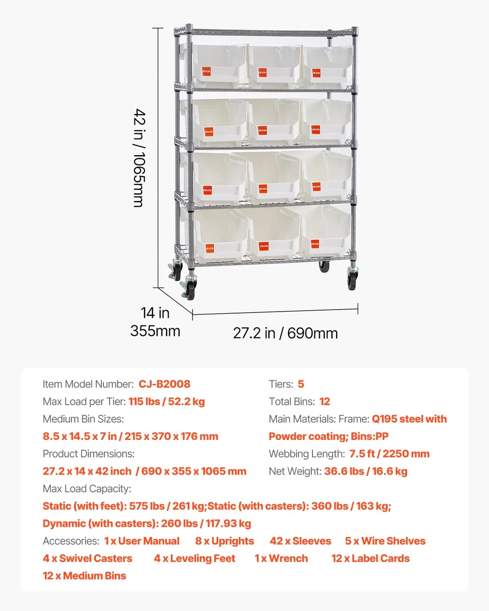 VEVOR Étagère de Rangement Mobile 5 Niveaux Rayonnage sur roulettes 12 Bacs pour Garage, Entrepôt, Bureau, Restaurant, Salle de Classe, Cuisine, en Fil d'acier, avec roulettes Pivotantes et 2 Freins