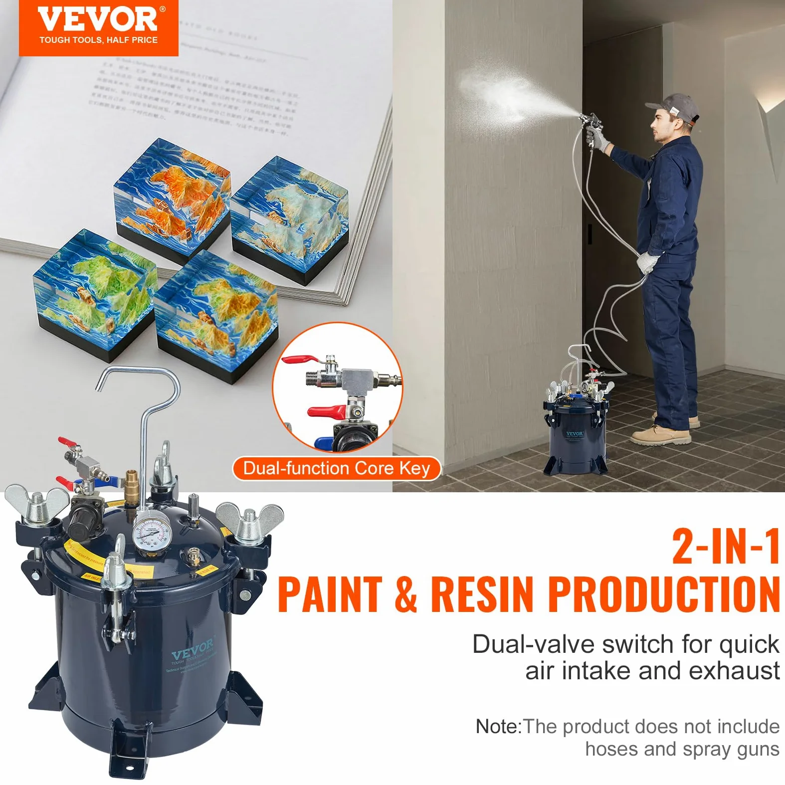 VEVOR Réservoir de Peinture sous Pression 10 L Pot de Pression de Peinture Entrée d’Air 6,4 mm Sortie 9,5 mm Système de Pulvérisation de Peinture Réglable 70 PSI Étanche pour Décoration Intérieure