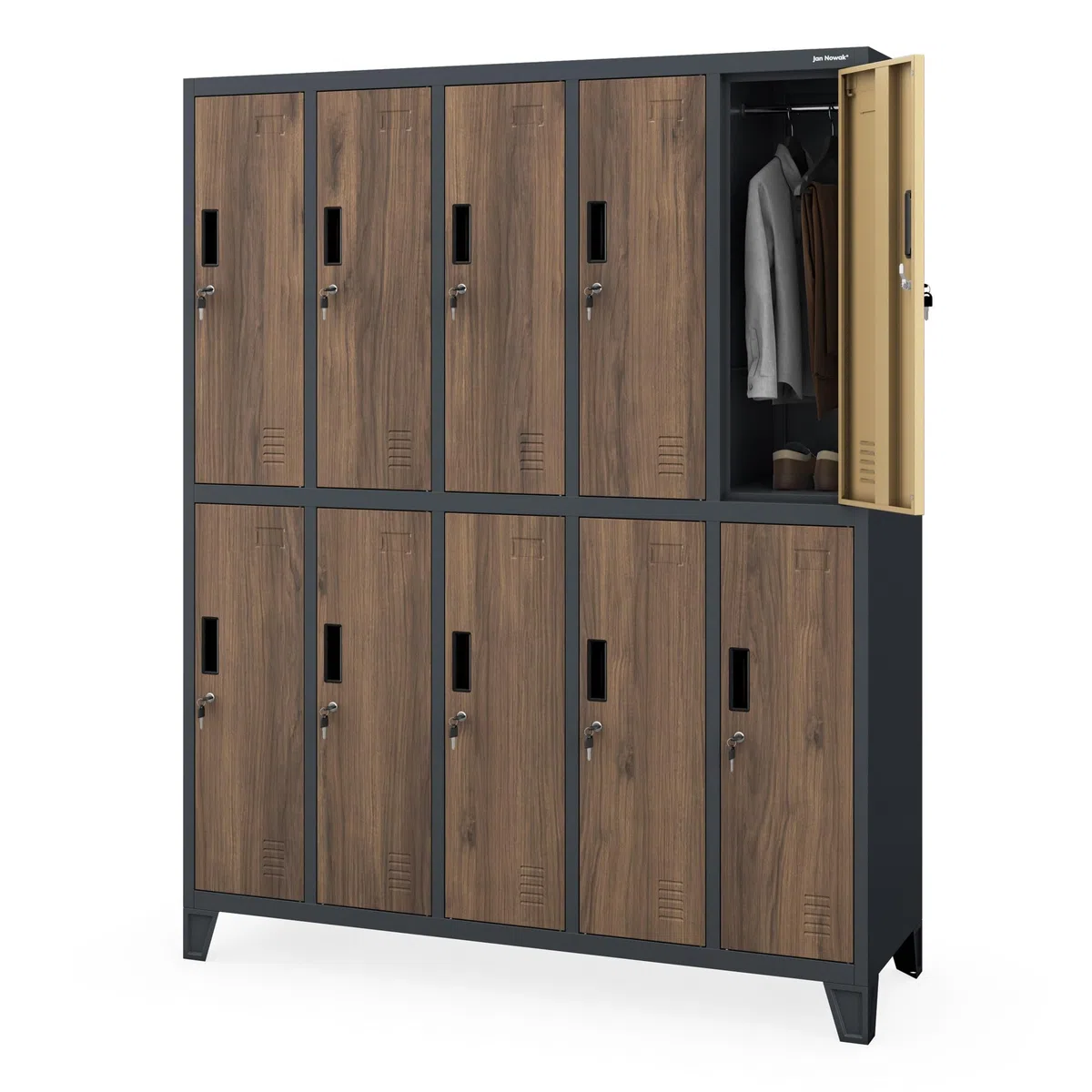 Jan Nowak Casier vestiaire 5B2A Armoire Metallique 10 Compartiments revêtement en Poudre 172 cm x 136 cm x 45 cm (Anthracite/Imitation Bois)
