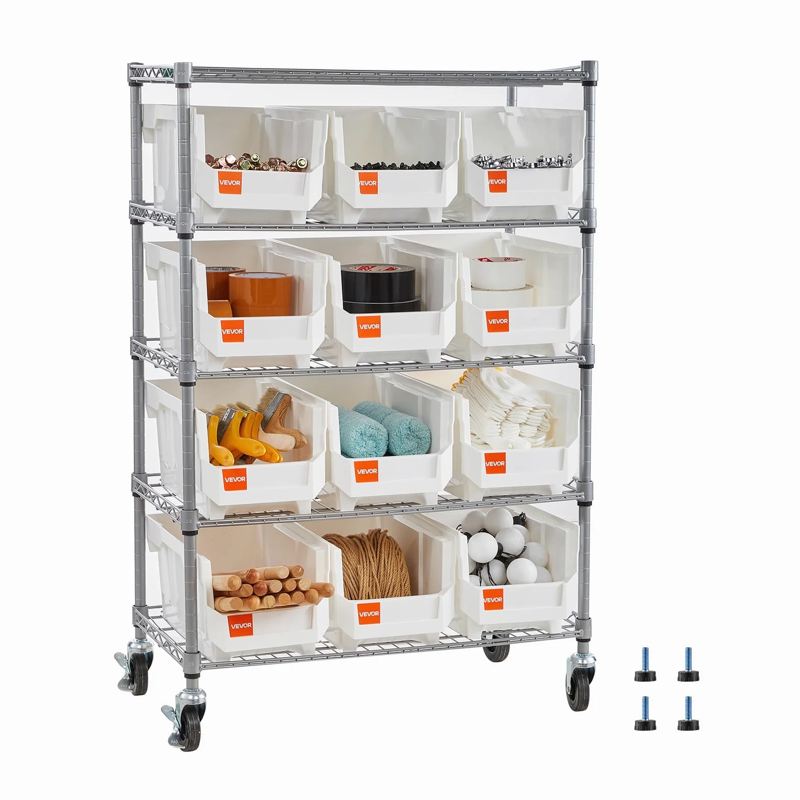 VEVOR Étagère de Rangement Mobile 5 Niveaux Rayonnage sur roulettes 12 Bacs pour Garage, Entrepôt, Bureau, Restaurant, Salle de Classe, Cuisine, en Fil d'acier, avec roulettes Pivotantes et 2 Freins
