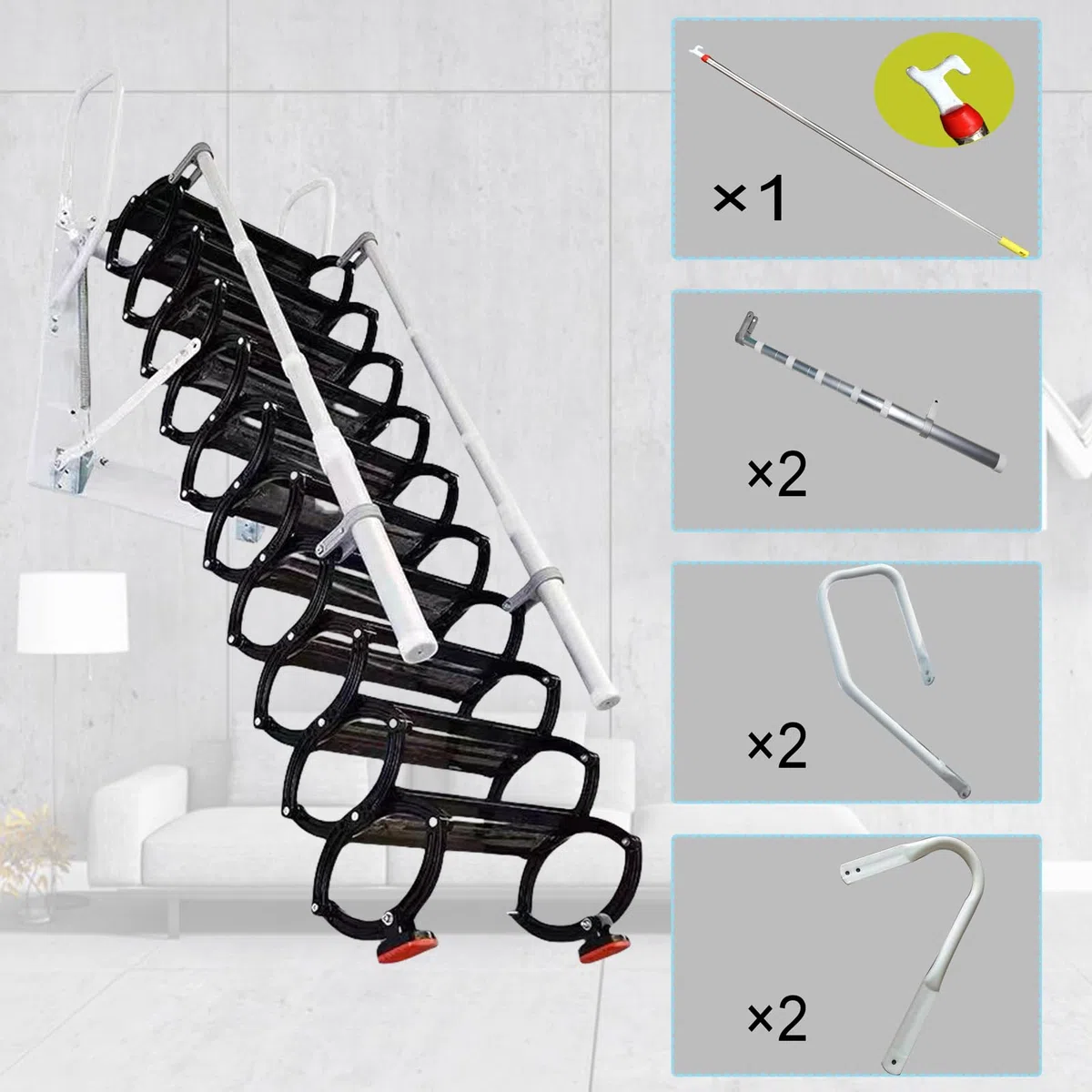 Escalier de grenier rétractable à 12 marches pour intérieur, escalier pliable avec accoudoirs, design antidérapant