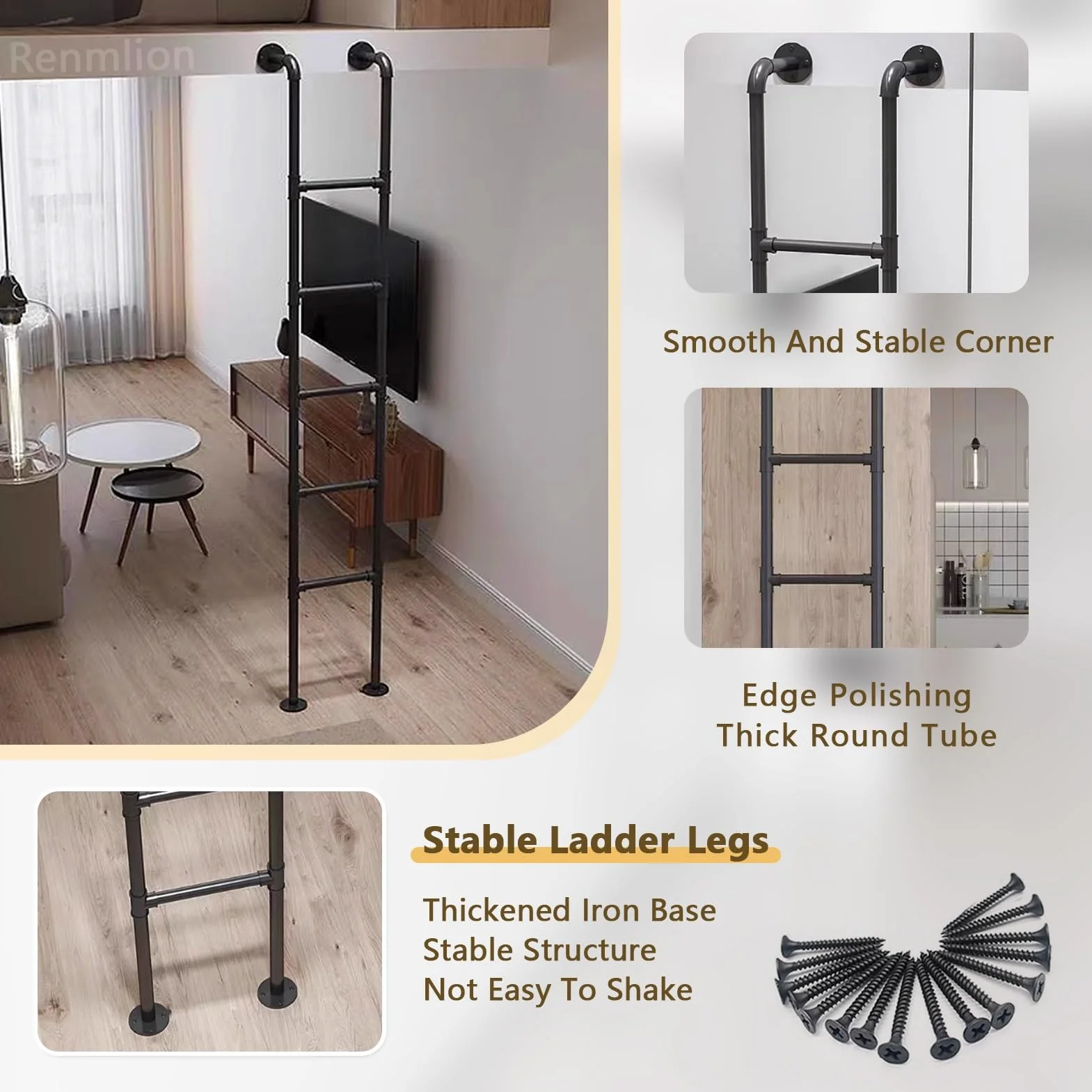 Échelle de lit superposé en métal robuste – Fixation murale industrielle en fer pour intérieur et extérieur, idéale pour camping-car, sous-sol et accès au grenier
