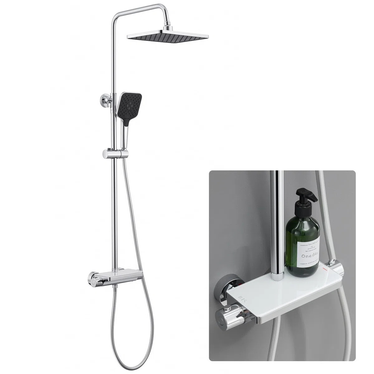 Auralum Système de douche avec thermostat et étagère en verre, mitigeur de douche complet avec douche à effet pluie, douche de tête de 30,5 cm, pommeau de douche à 3 types de jet, économe en eau
