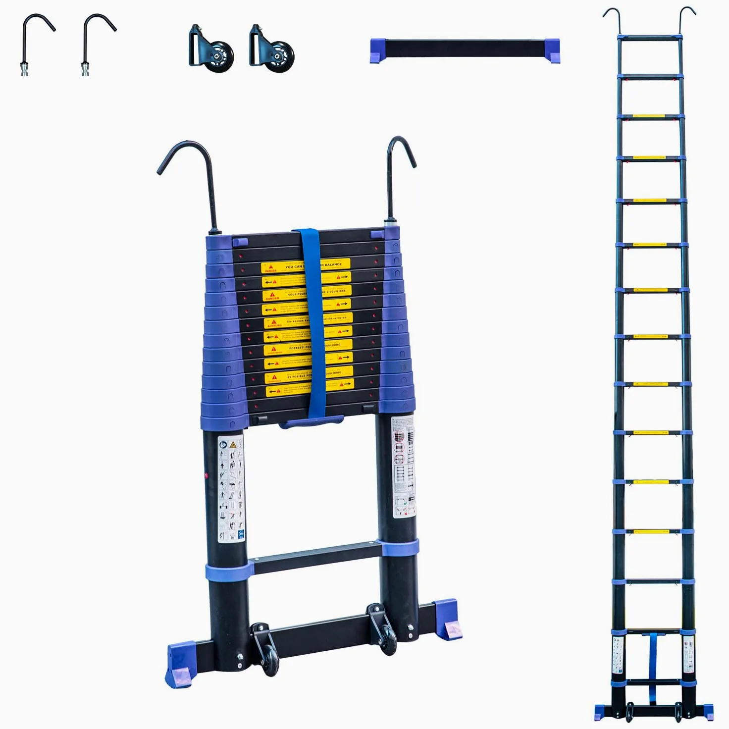 HOSTRÖM Echelle telescopique 4,4m, Aluminium, Pliable, Extensible, Multi-Fonction, H Travail Max 5,3m, Crochets Amovibles, Garantie 5ans