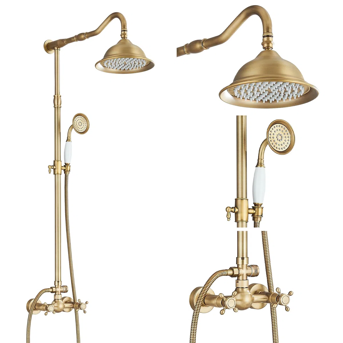 Rétro Colonne de Douche de Robinet de Douche Douche salle de bain Laiton Antique Douche Système avec 2 Sorties,Douchette de Dessus,Douchette à Main, Réglable en Hauteur(85-135 cm)