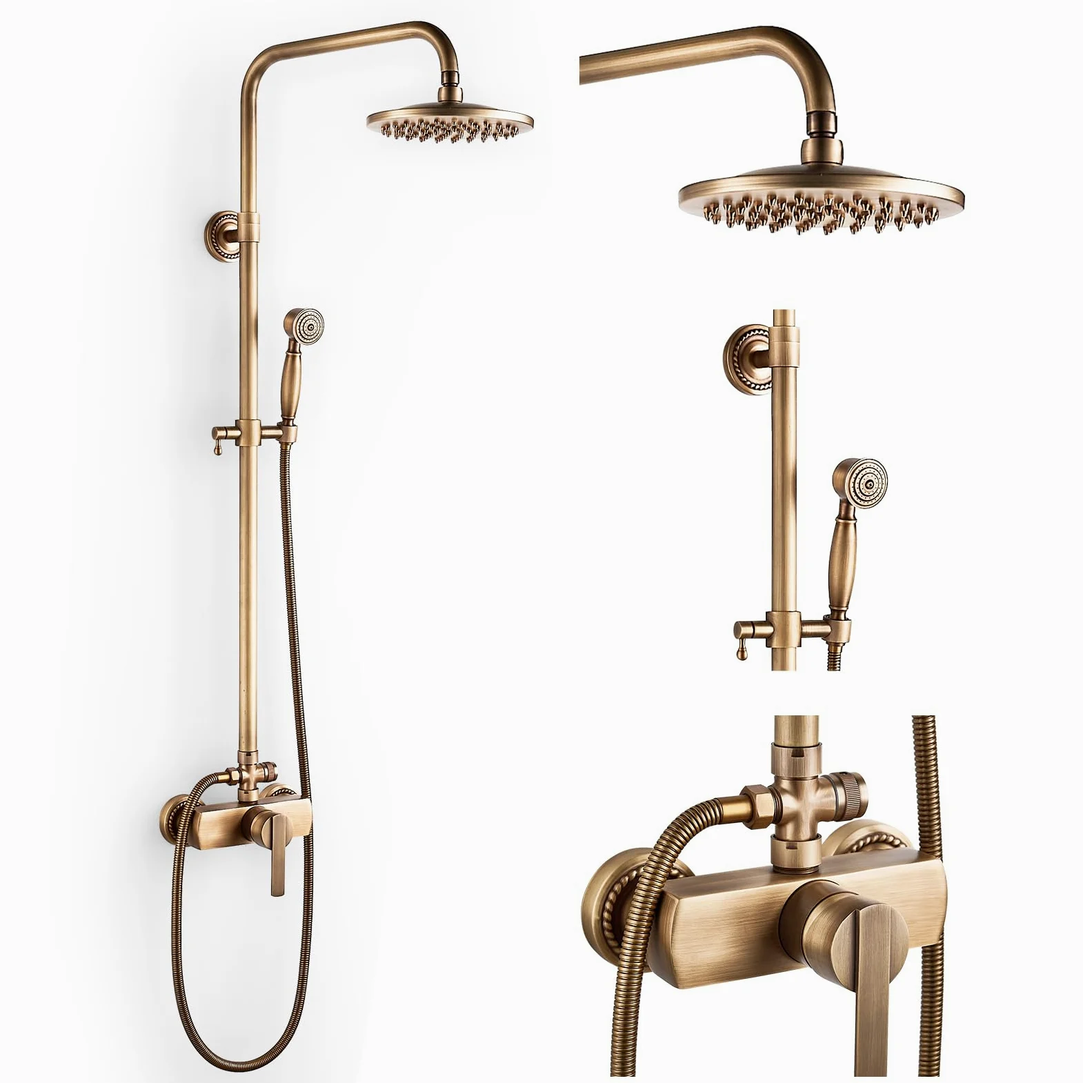 Colonne de Douche Rétro avec Mitigeur Ensemble de Douche Laiton Antique Système de Douche Mural Mitigeur de Douche Set Réglable Hauteur 70 à 120 cm, avec Douchette et Pommeau de Douche 8''