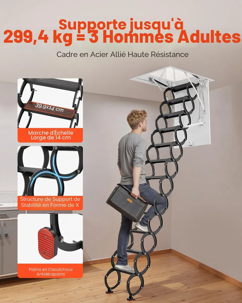 VEVOR Échelle de Grenier, Charge 299,4 kg, Escalier de Grenier Escamotable, Hauteur Installation 3,2-3,35 m, Ouverture 1000,76x698,5 mm, Tige de Traction, Échelle Rétractable Acier pour Accès Greniers