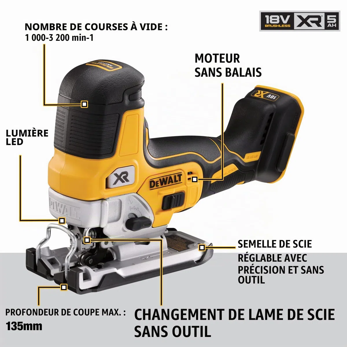 DeWalt Scie Sauteuse à Prise par le Corps Brushless XR 18V - DCS335NT-XJ - Scie sans Fil & Ponceuse Excentrique XR 18V 125mm Brushless - Appareil Électrique Sans Fil
