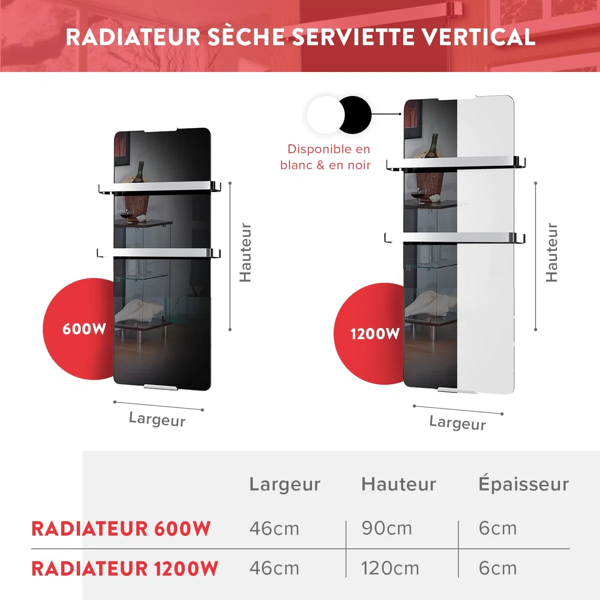 Chemin’Arte Sèche-Serviette Électrique Blanc 1200W - Radiateur Vertical - 120x6x46cm - 2 Barres Porte Serviettes - Conçu en France