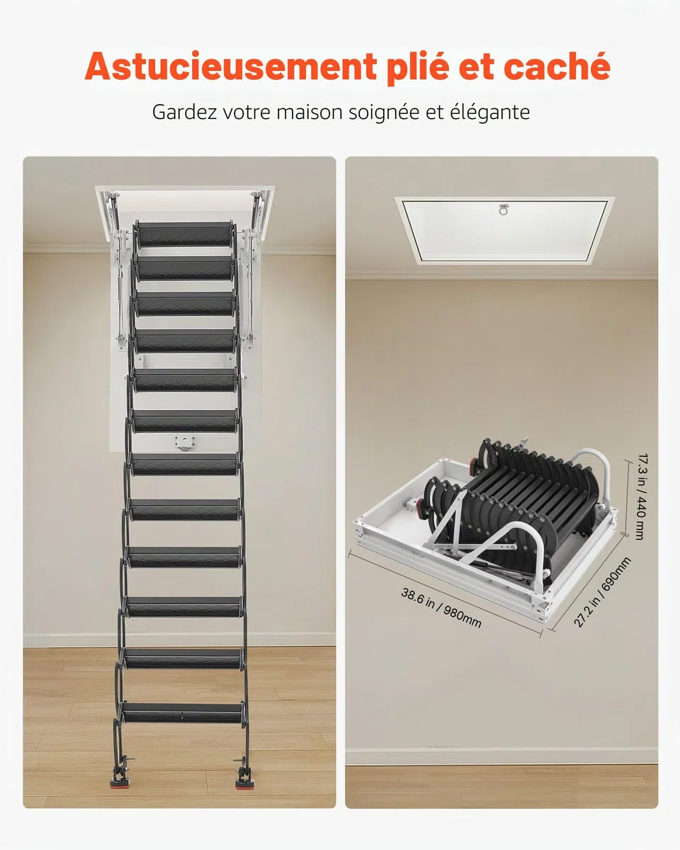 VEVOR Échelle de Grenier, Charge 299,4 kg, Escalier de Grenier Escamotable, Hauteur Installation 3,2-3,35 m, Ouverture 1000,76x698,5 mm, Tige de Traction, Échelle Rétractable Acier pour Accès Greniers