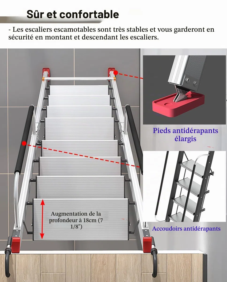 Echelle de Grenier Échelle en Métal Noir pour Grenier, Échelle de Sortie de Grenier Pliable avec Poignées et Crochets de Sécurité, Escalier de Grenier en Aluminium, Monter les Escaliers Facilement(10