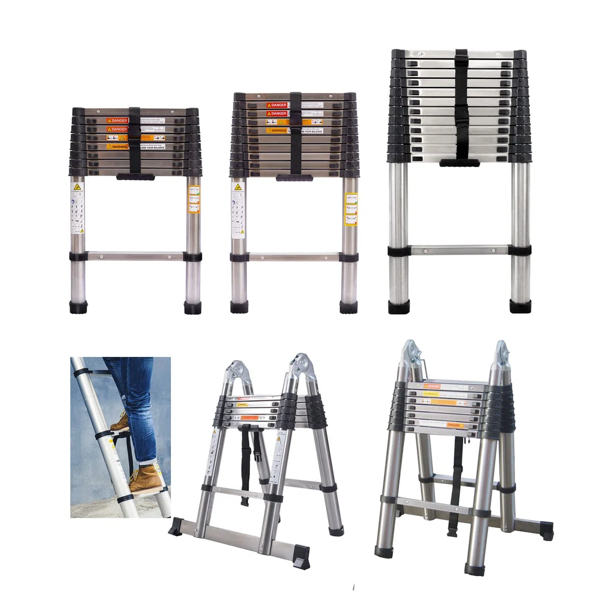 Échelle télescopique pliable 5m (2,5m+2,5m) Type A & Droite - Échelle en acier inoxydable antidérapante polyvalente - Échelle extensible portable - Capacité de charge : 150 kg - Huini