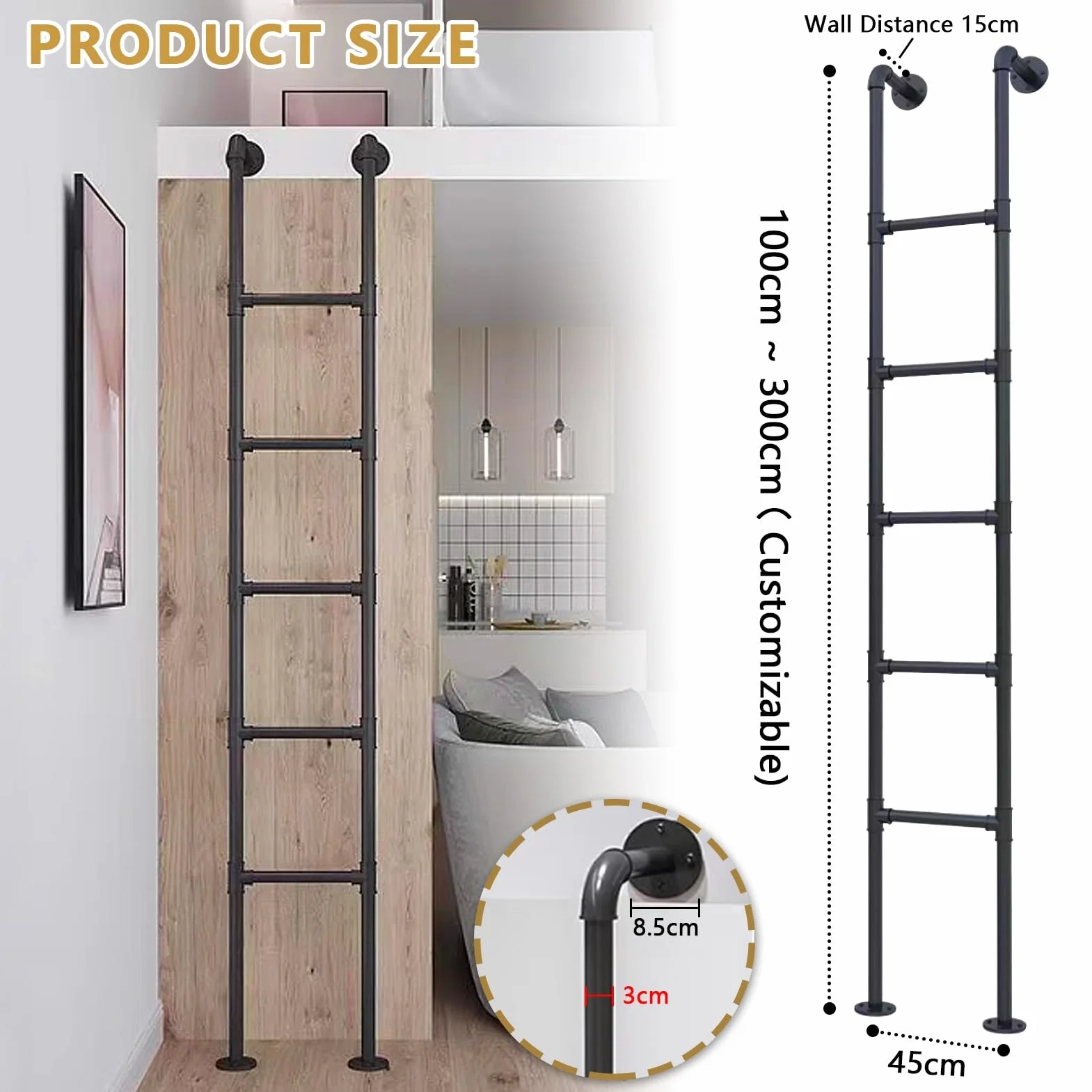Échelle de lit superposé en métal robuste – Fixation murale industrielle en fer pour intérieur et extérieur, idéale pour camping-car, sous-sol et accès au grenier
