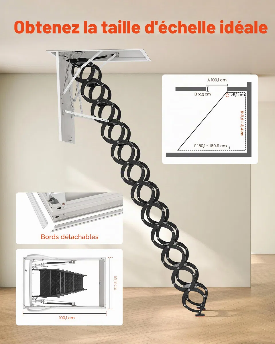 VEVOR Échelle de Grenier, Charge 299,4 kg, Escalier de Grenier Escamotable, Hauteur Installation 3,2-3,35 m, Ouverture 1000,76x698,5 mm, Tige de Traction, Échelle Rétractable Acier pour Accès Greniers