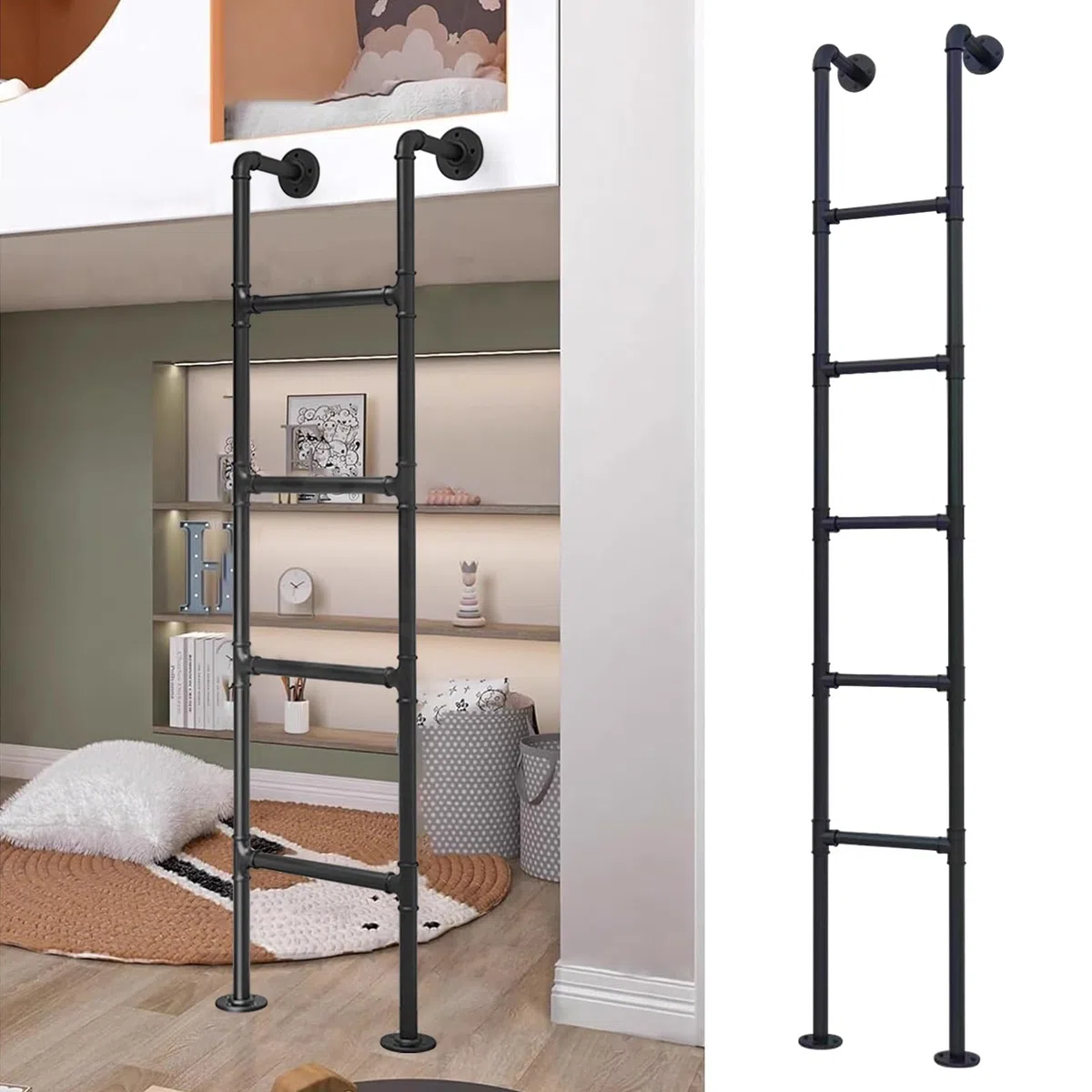 Échelle de lit superposé en métal robuste – Fixation murale industrielle en fer pour intérieur et extérieur, idéale pour camping-car, sous-sol et accès au grenier