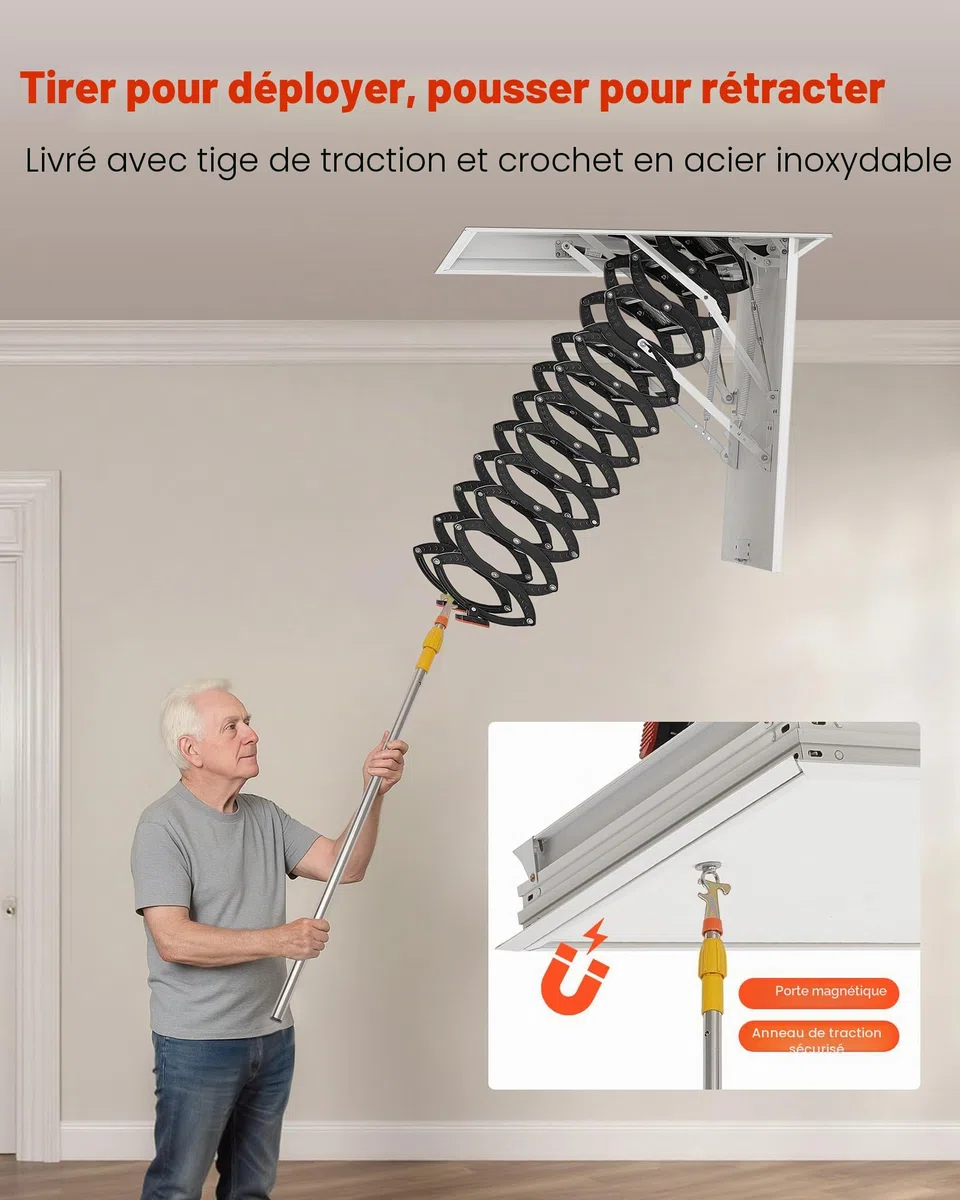 VEVOR Échelle de Grenier, Charge 299,4 kg, Escalier de Grenier Escamotable, Hauteur Installation 3,2-3,35 m, Ouverture 1000,76x698,5 mm, Tige de Traction, Échelle Rétractable Acier pour Accès Greniers