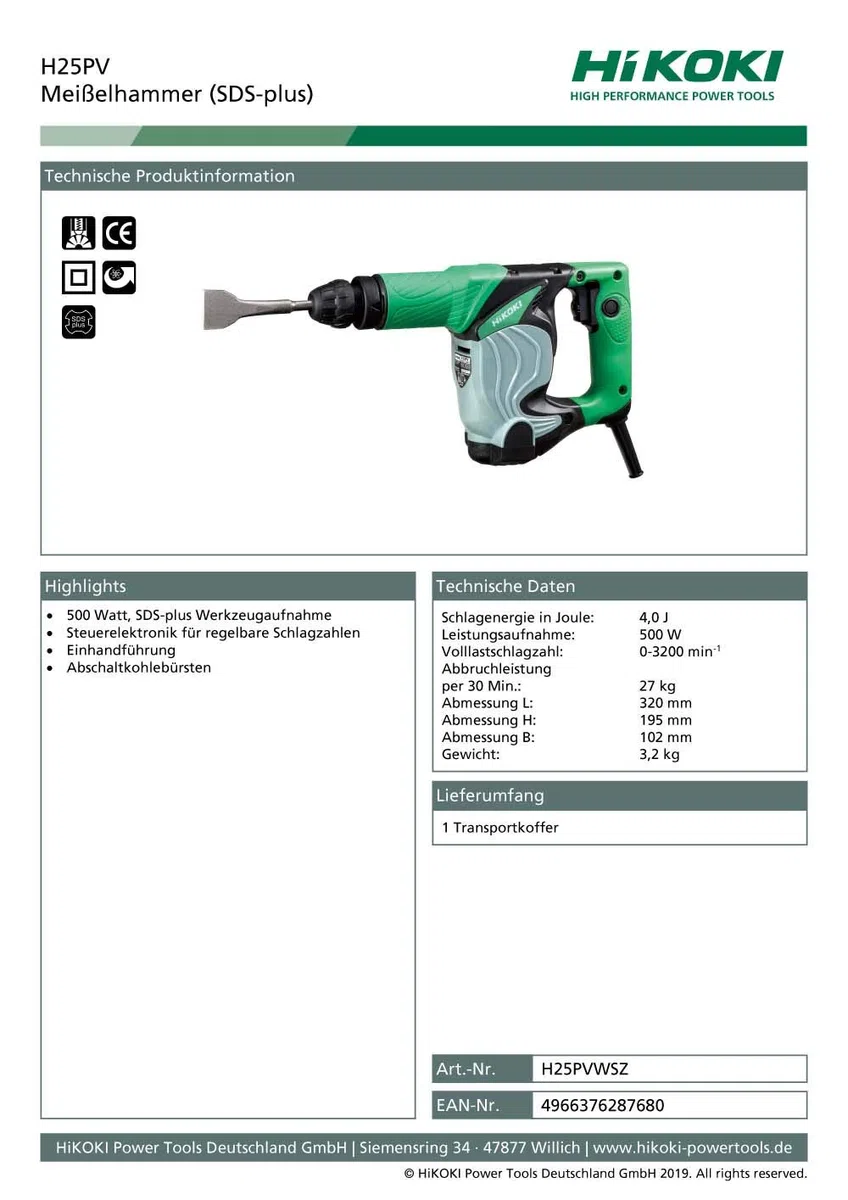 HIKOKI 51221076 - Marteau marteau SDS-Plus 2.3J 500W 0-3200imp avec étui H25PVZ Noir