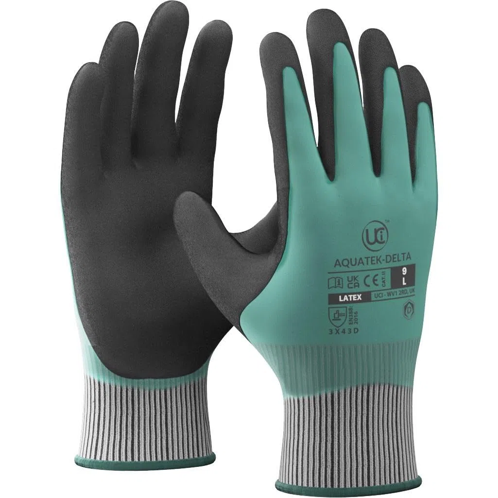 UCi AQUATEK-DELTA Lot de 10 gants de travail de sécurité à double revêtement en latex ISO Cut D Forme anatomique Doublure en acier HPPE 3 x 43D (9/L)