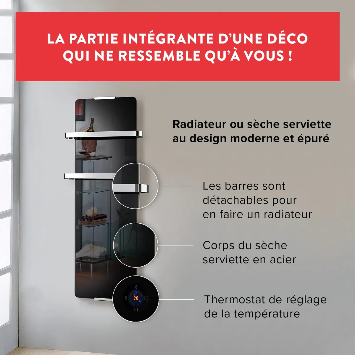 Chemin’Arte Sèche-Serviette Électrique Blanc 1200W - Radiateur Vertical - 120x6x46cm - 2 Barres Porte Serviettes - Conçu en France