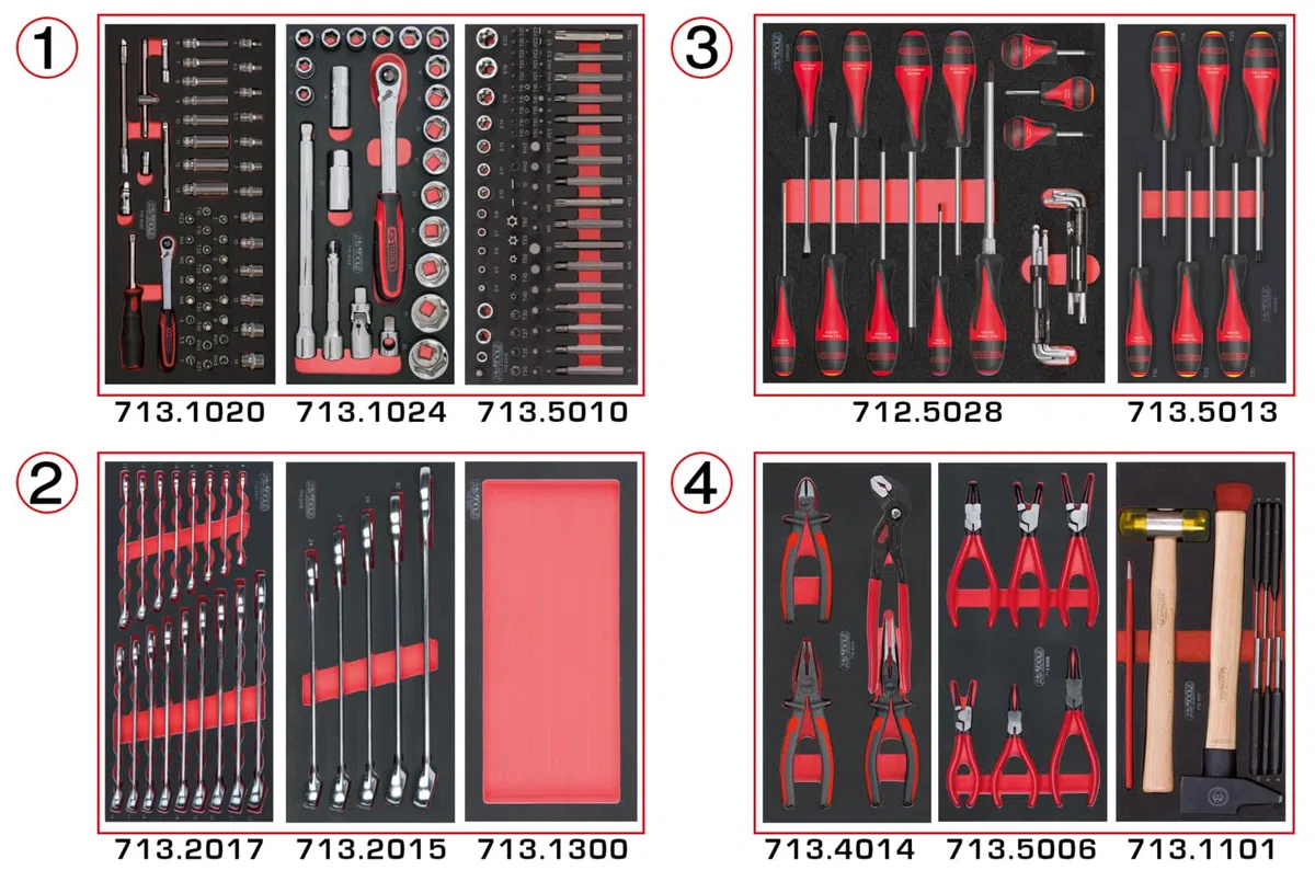 KS Tools 714.0241 - Composition d'outils 4 tiroirs pour servante - Empreinte des outils découpée au laser - Résistant aux huiles et produits chimiques - Mousse imputrescible - 241 pièces